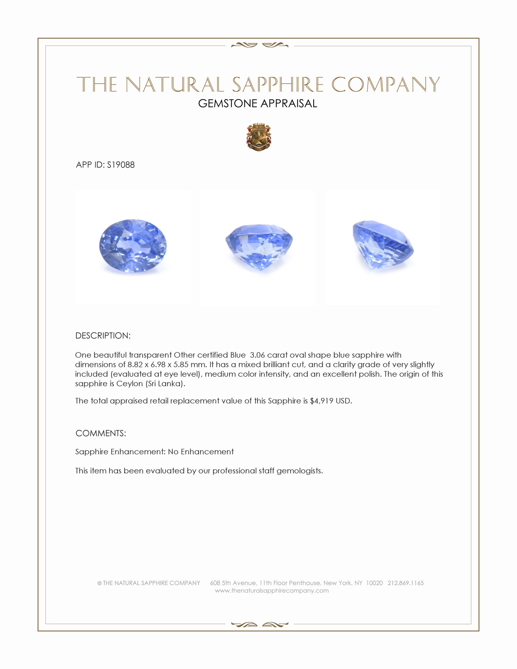 3.06 Ct. Blue Sapphire from Ceylon (Sri Lanka)