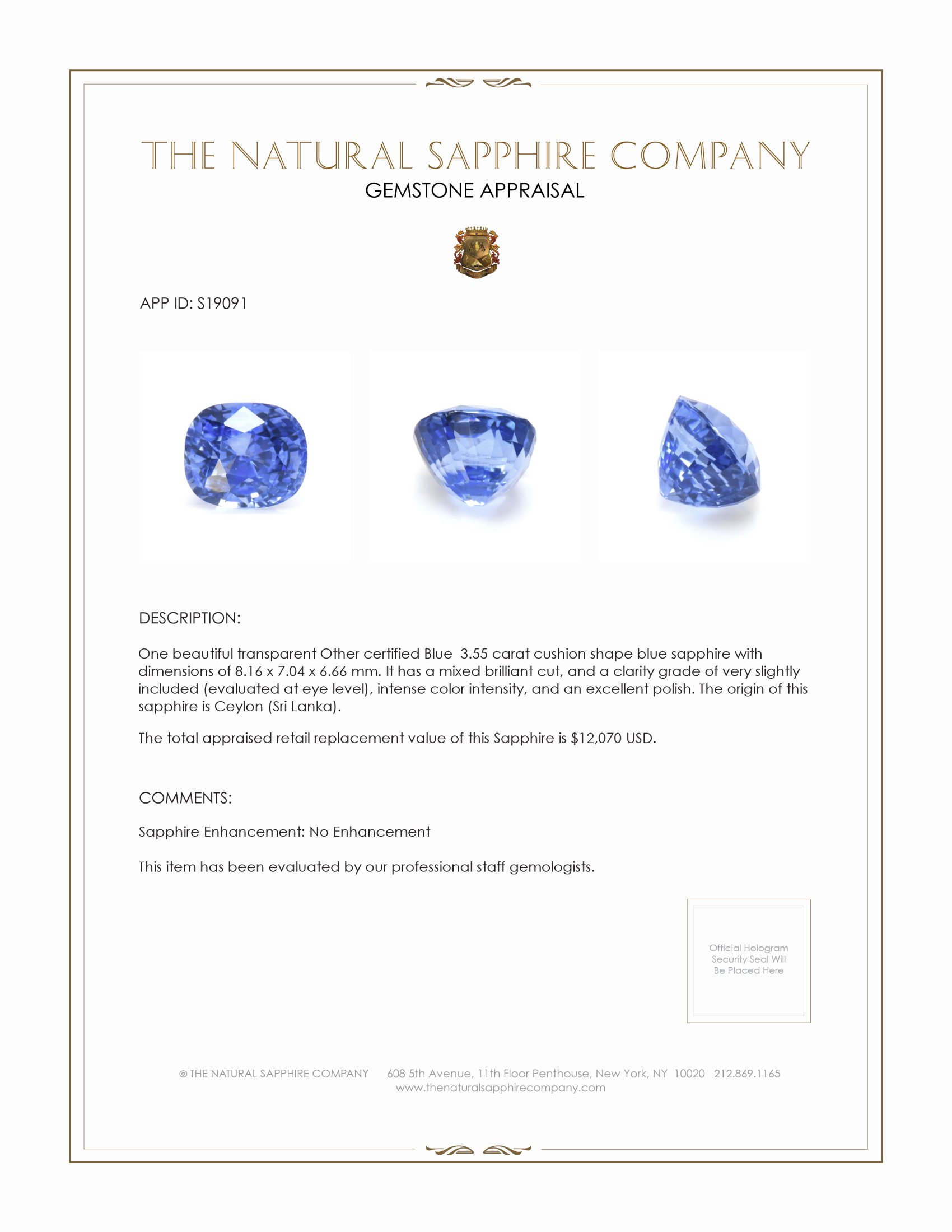 3.55 Ct. Blue Sapphire from Ceylon (Sri Lanka)