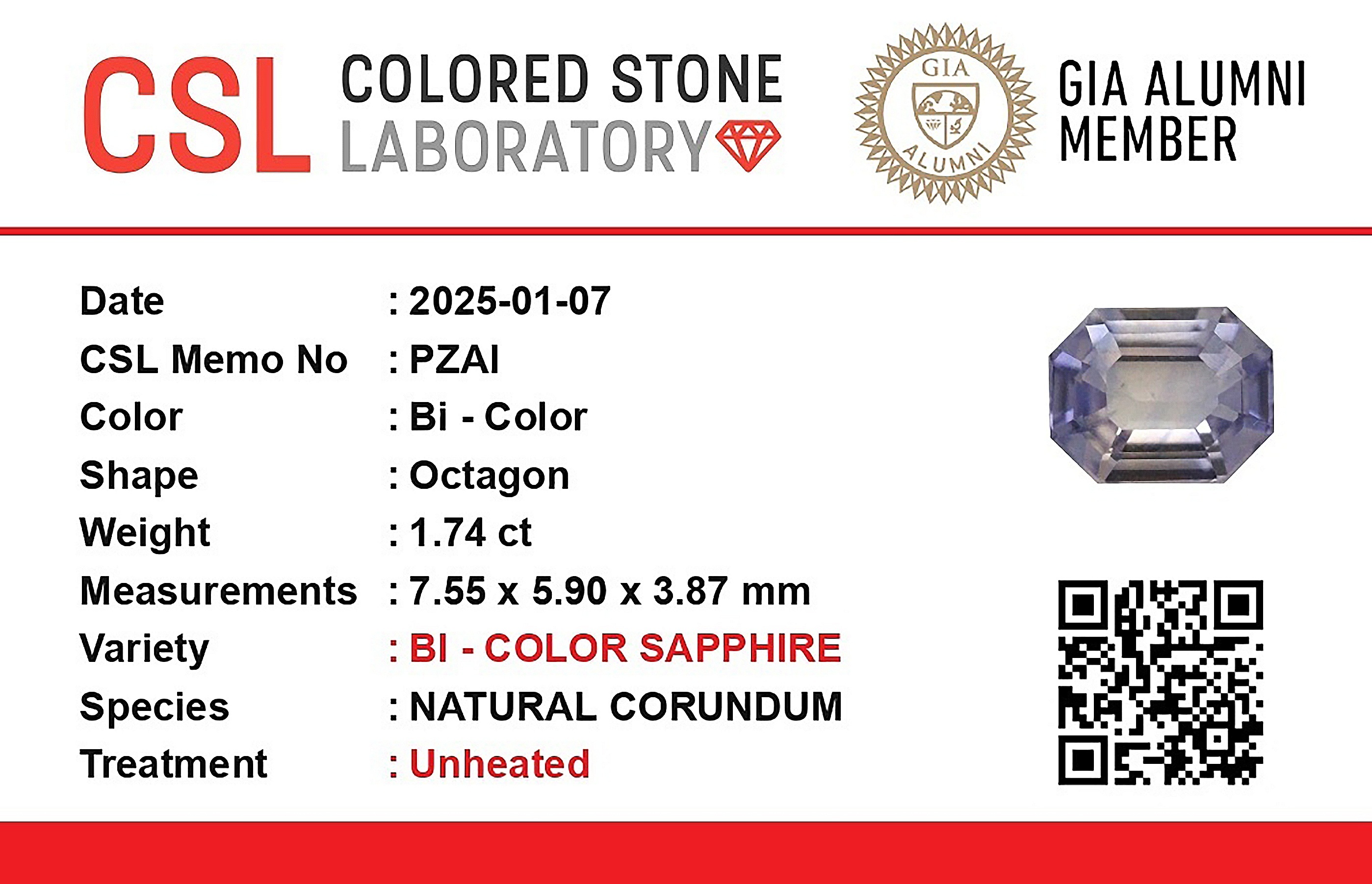 1.72 Ct. Bi Color Sapphire from Ceylon (Sri Lanka)
