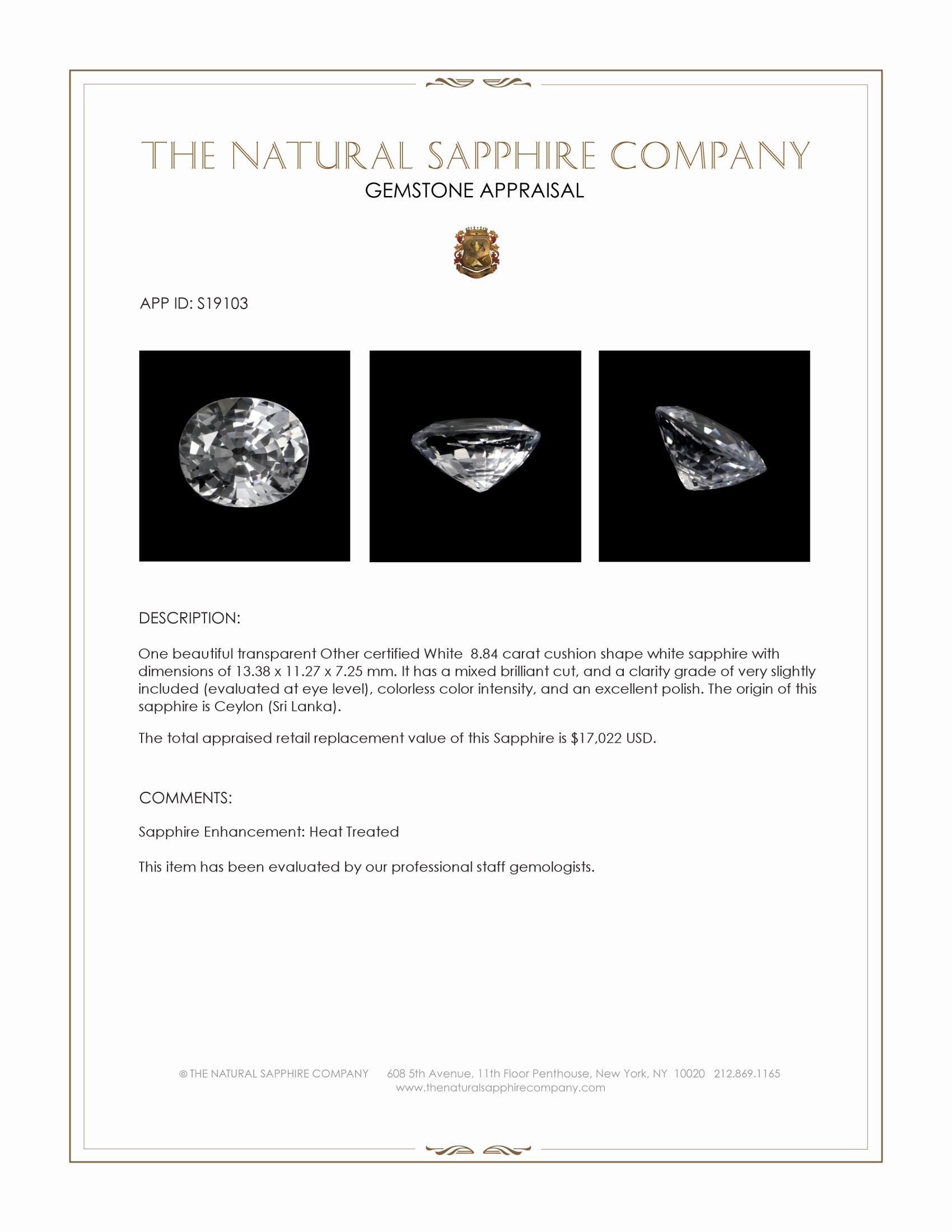 8.84 Ct. White Sapphire from Ceylon (Sri Lanka)