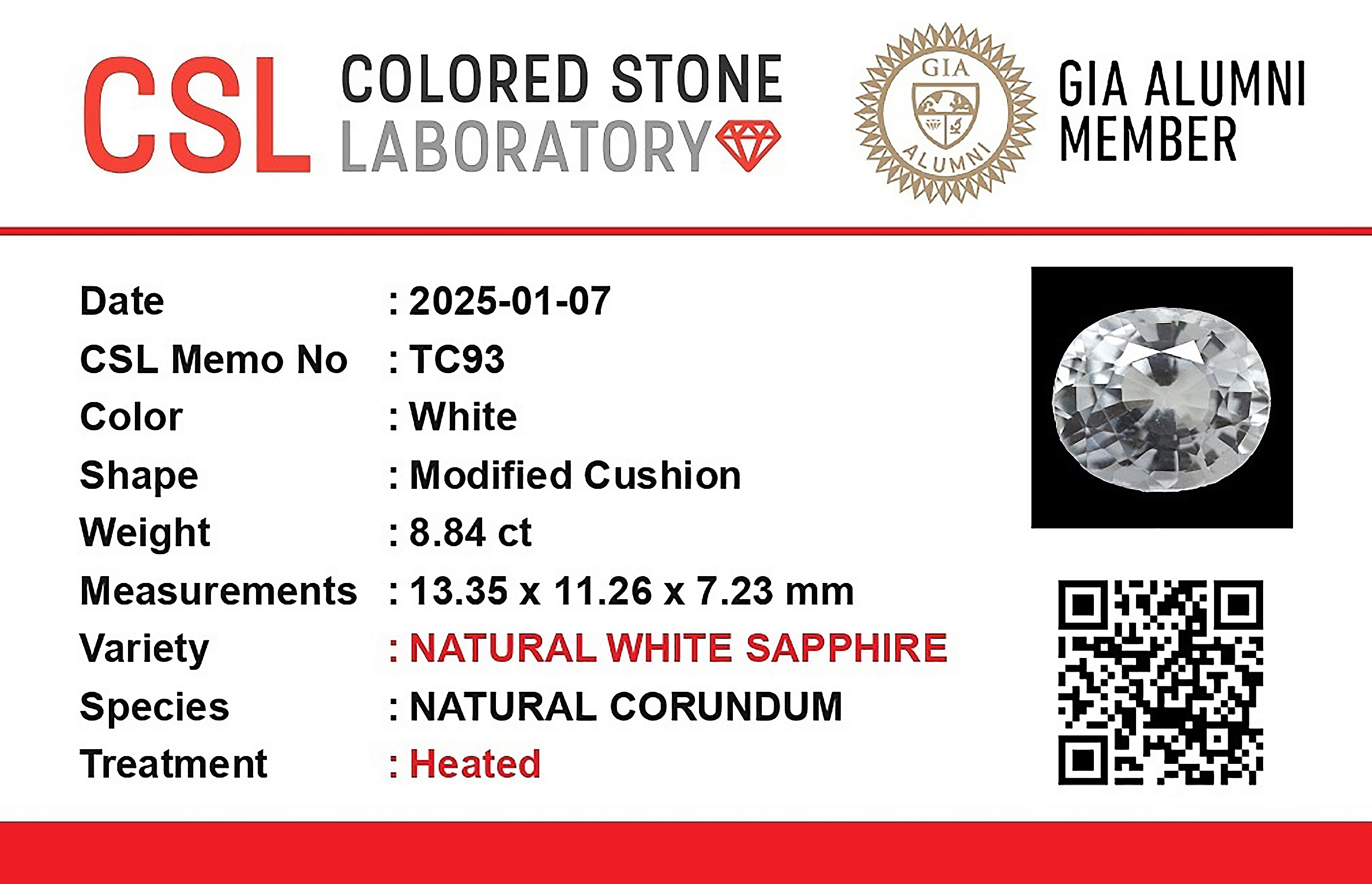 8.84 Ct. White Sapphire from Ceylon (Sri Lanka)