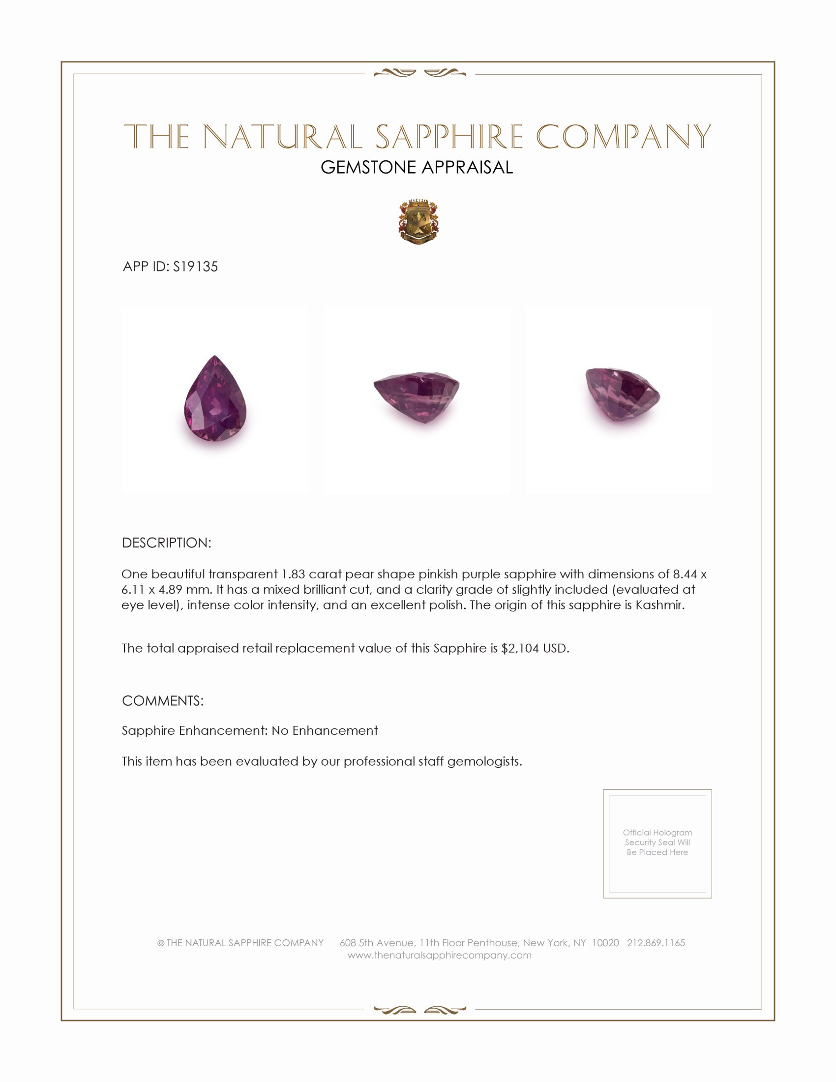 1.83 Ct. Pinkish Purple Sapphire from Kashmir