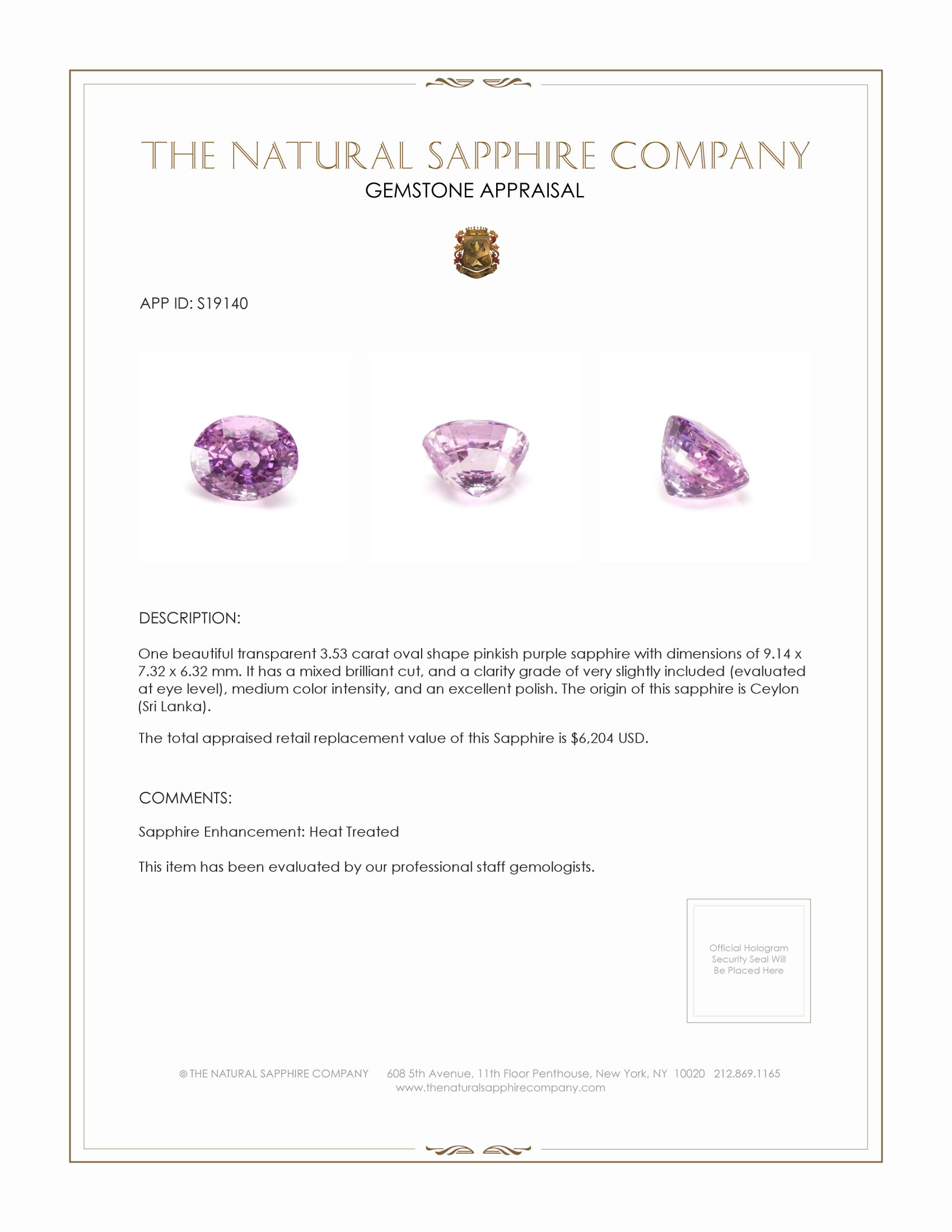 3.53 Ct. Pinkish Purple Sapphire from Ceylon (Sri Lanka)