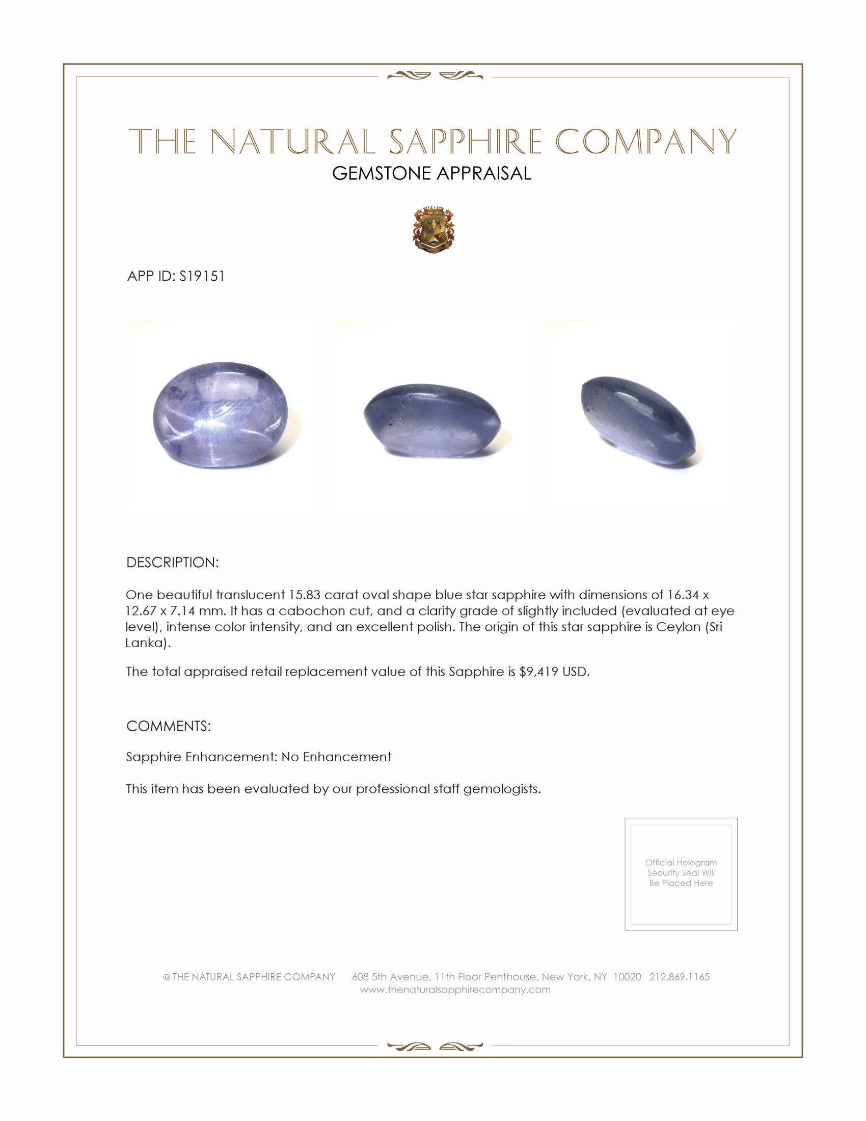 15.83 Ct. Blue Star Sapphire from Ceylon (Sri Lanka)