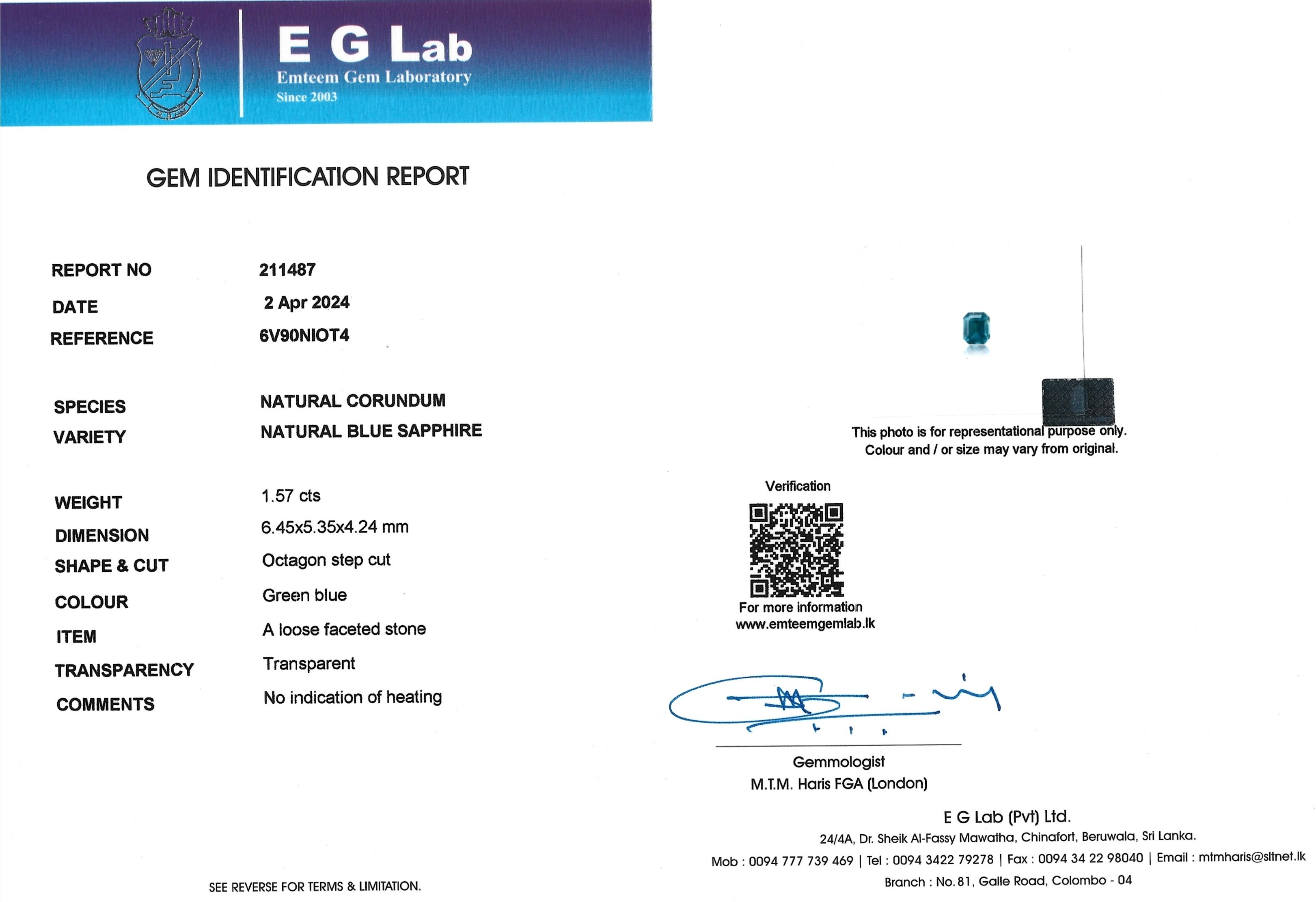 1.57 Ct. Greenish Blue Sapphire from Ceylon (Sri Lanka)