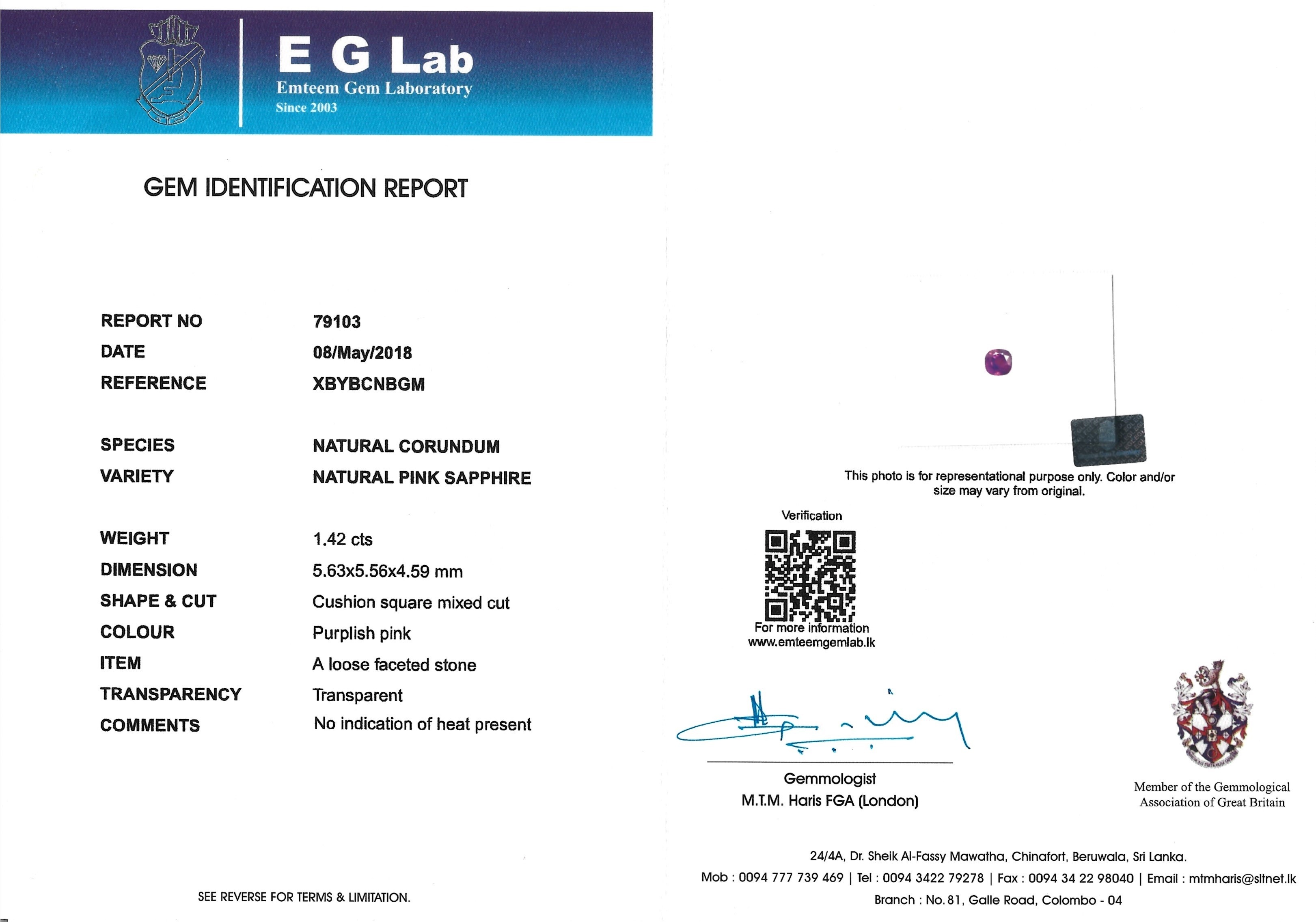 1.42 Ct. Purplish Pink Sapphire from Ceylon (Sri Lanka)