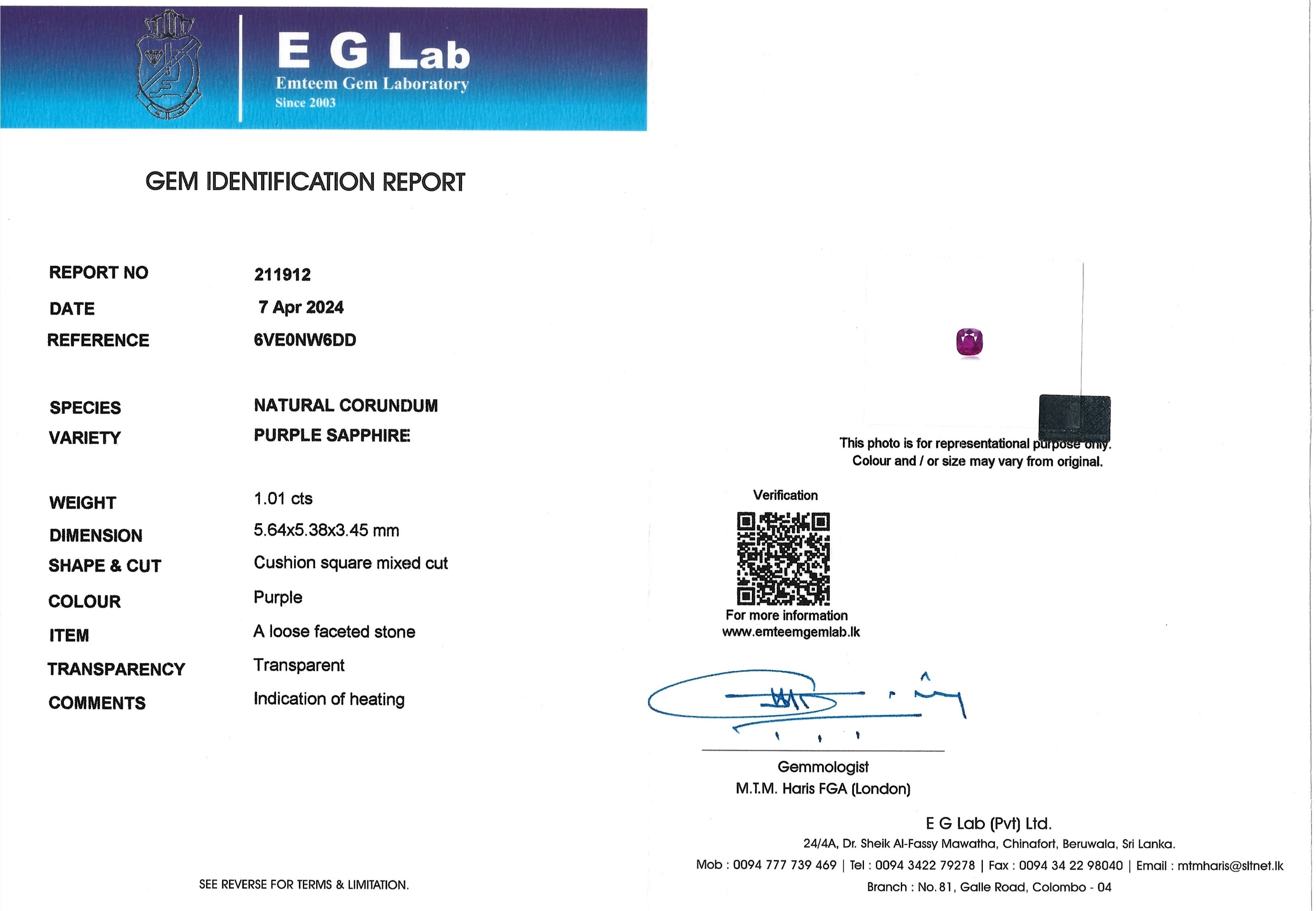 1.01 Ct. Purple Sapphire from Ceylon (Sri Lanka)