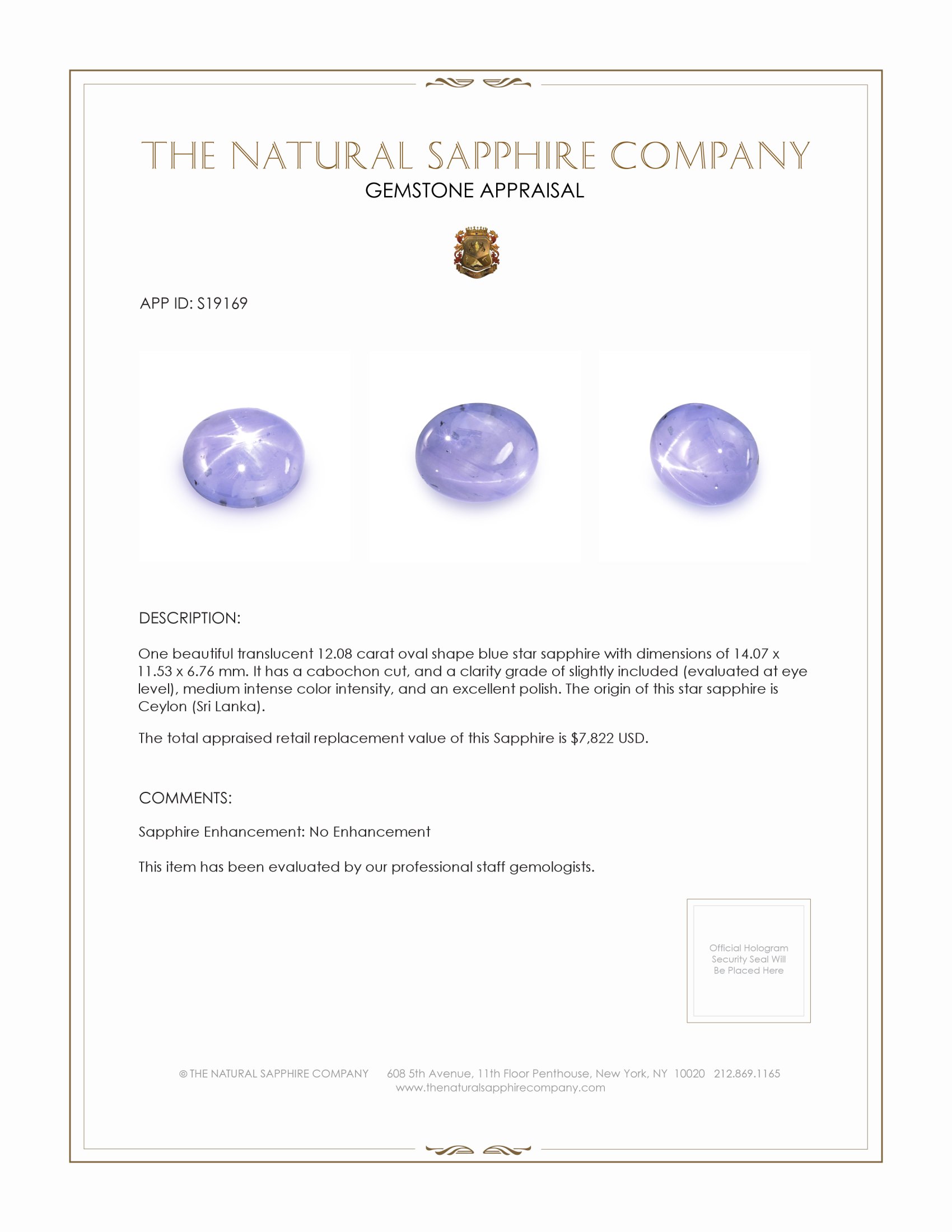 12.08 Ct. Blue Star Sapphire from Ceylon (Sri Lanka)