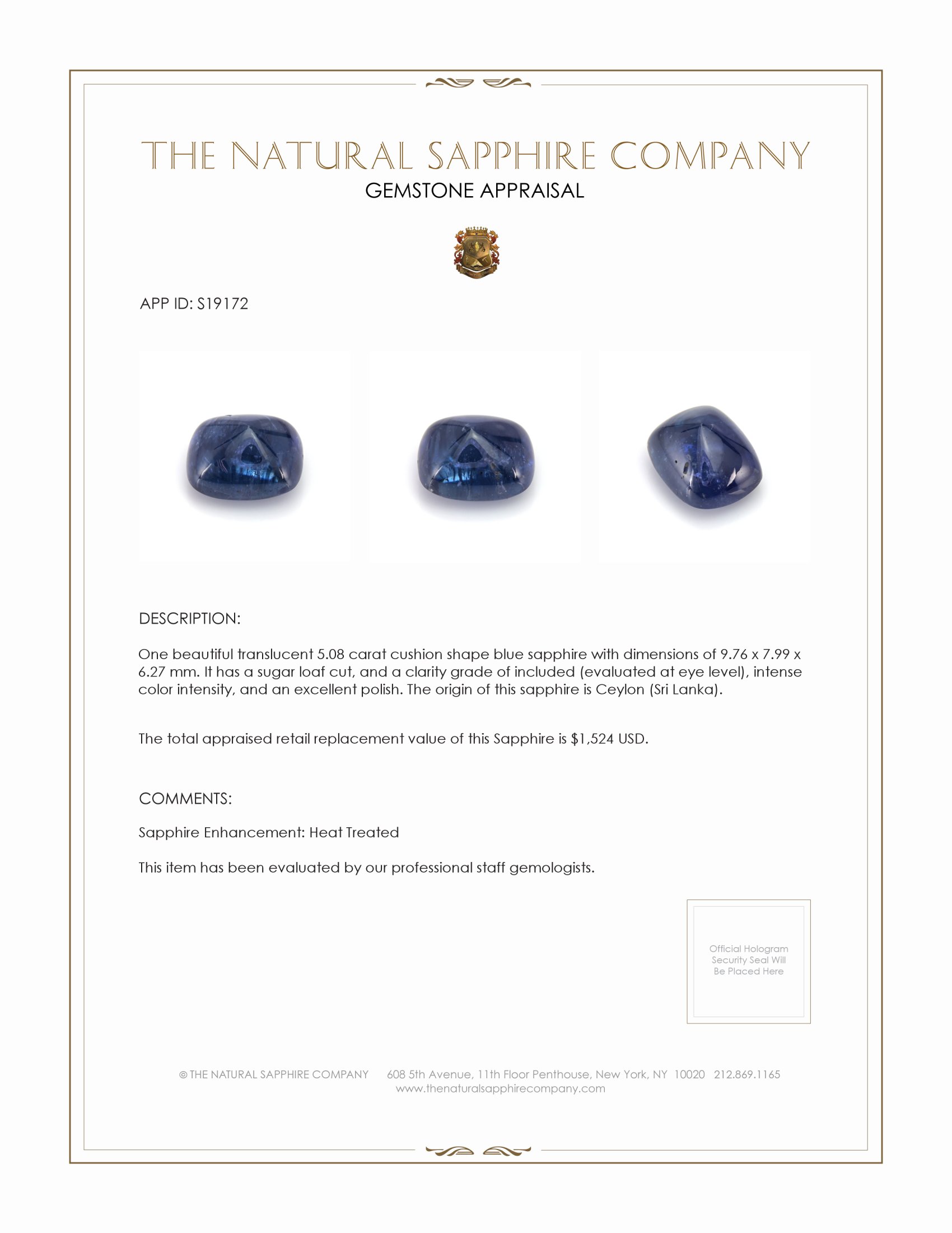 5.08 Ct. Blue Cabochon Sapphire from Ceylon (Sri Lanka)