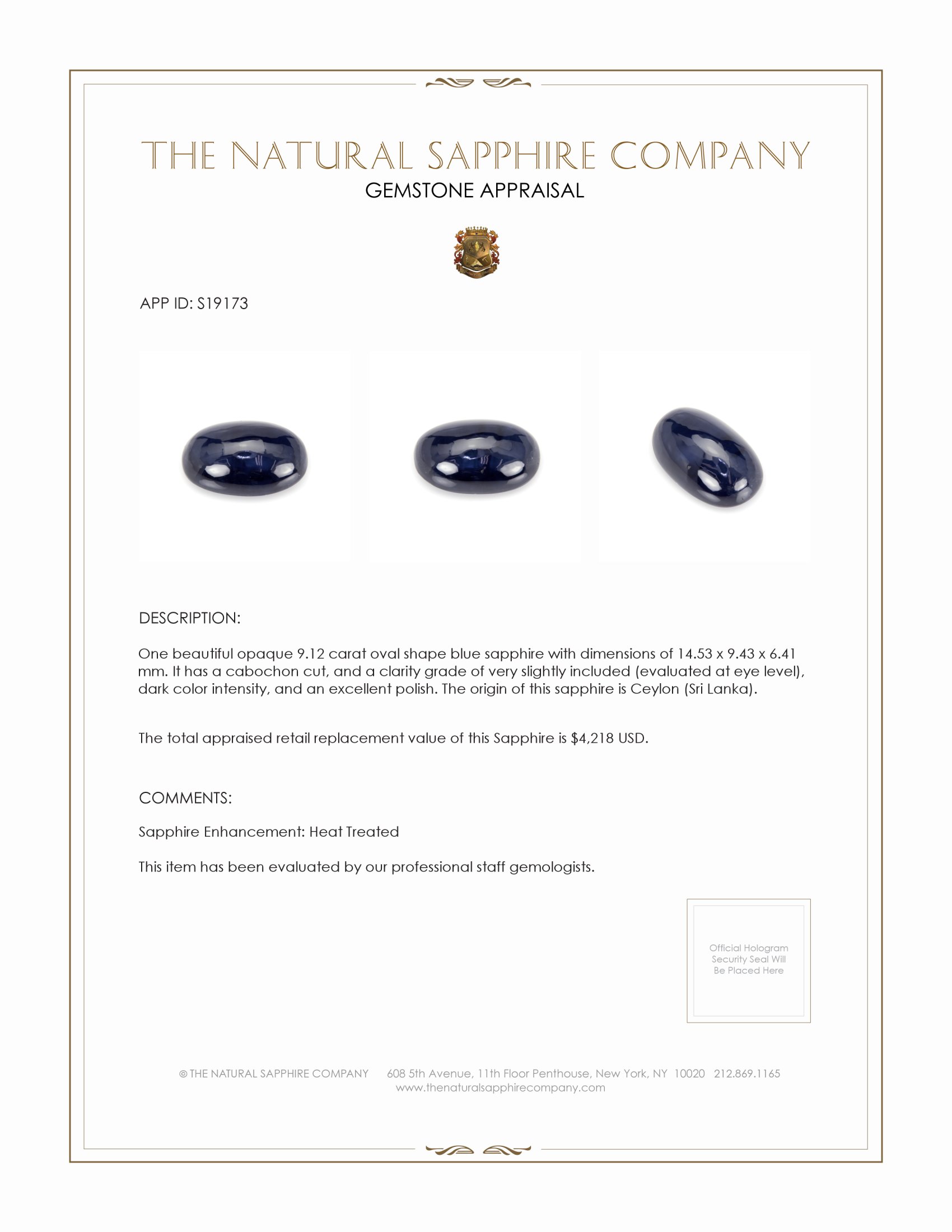 9.12 Ct. Blue Cabochon Sapphire from Ceylon (Sri Lanka)