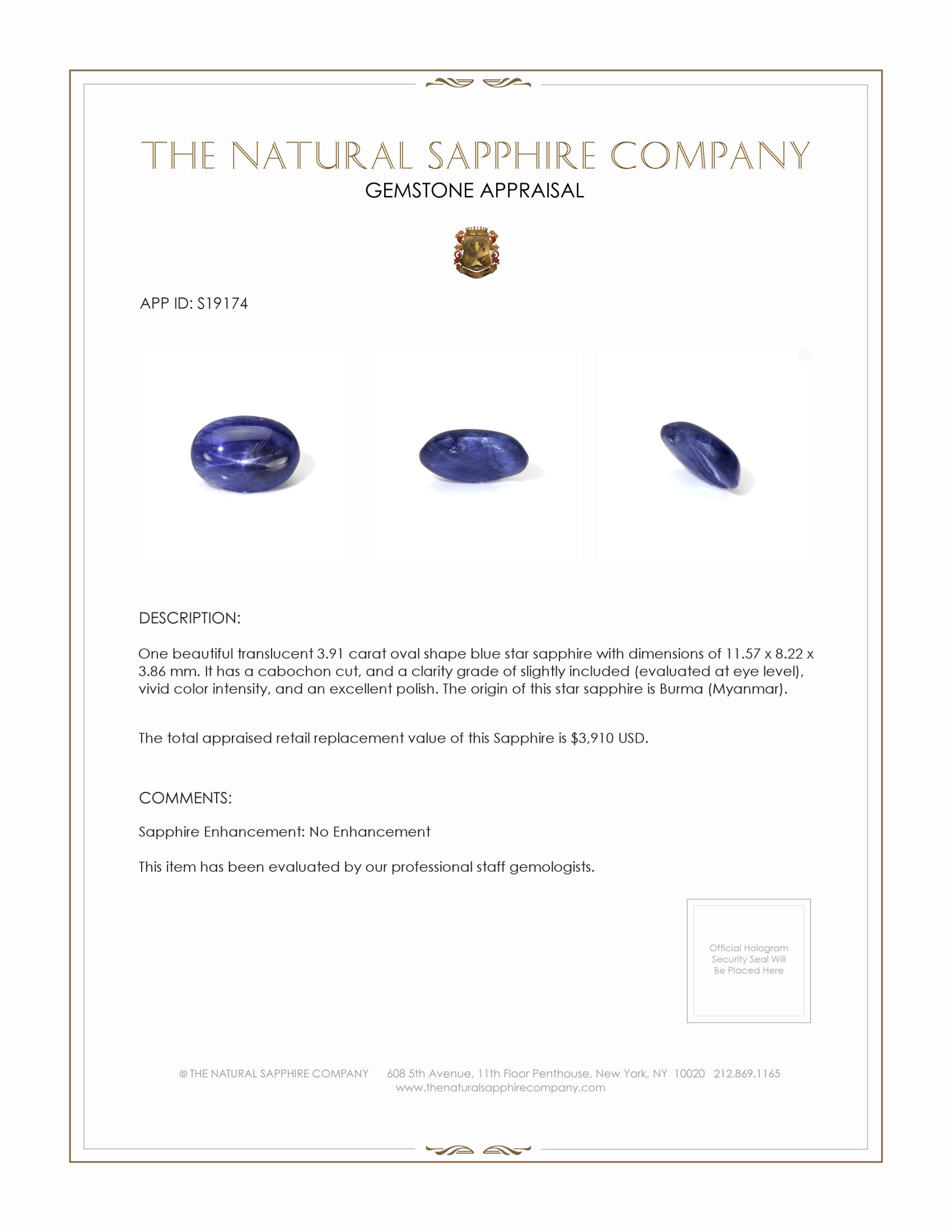 3.91 Ct. Blue Star Sapphire from Burma (Myanmar)