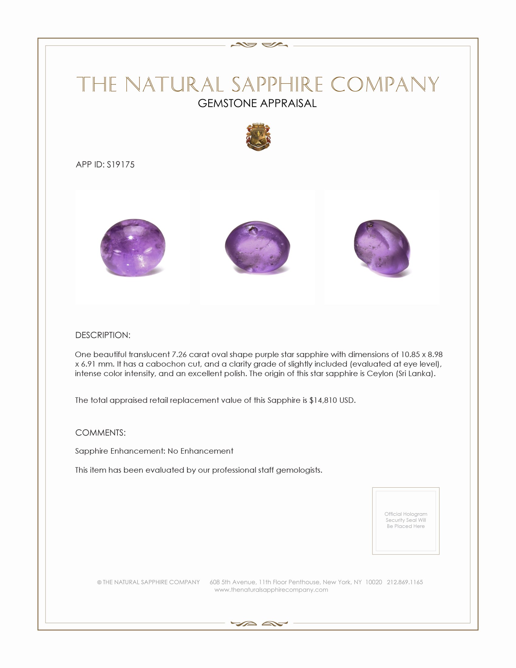 7.26 Ct. Purple Star Sapphire from Ceylon (Sri Lanka)