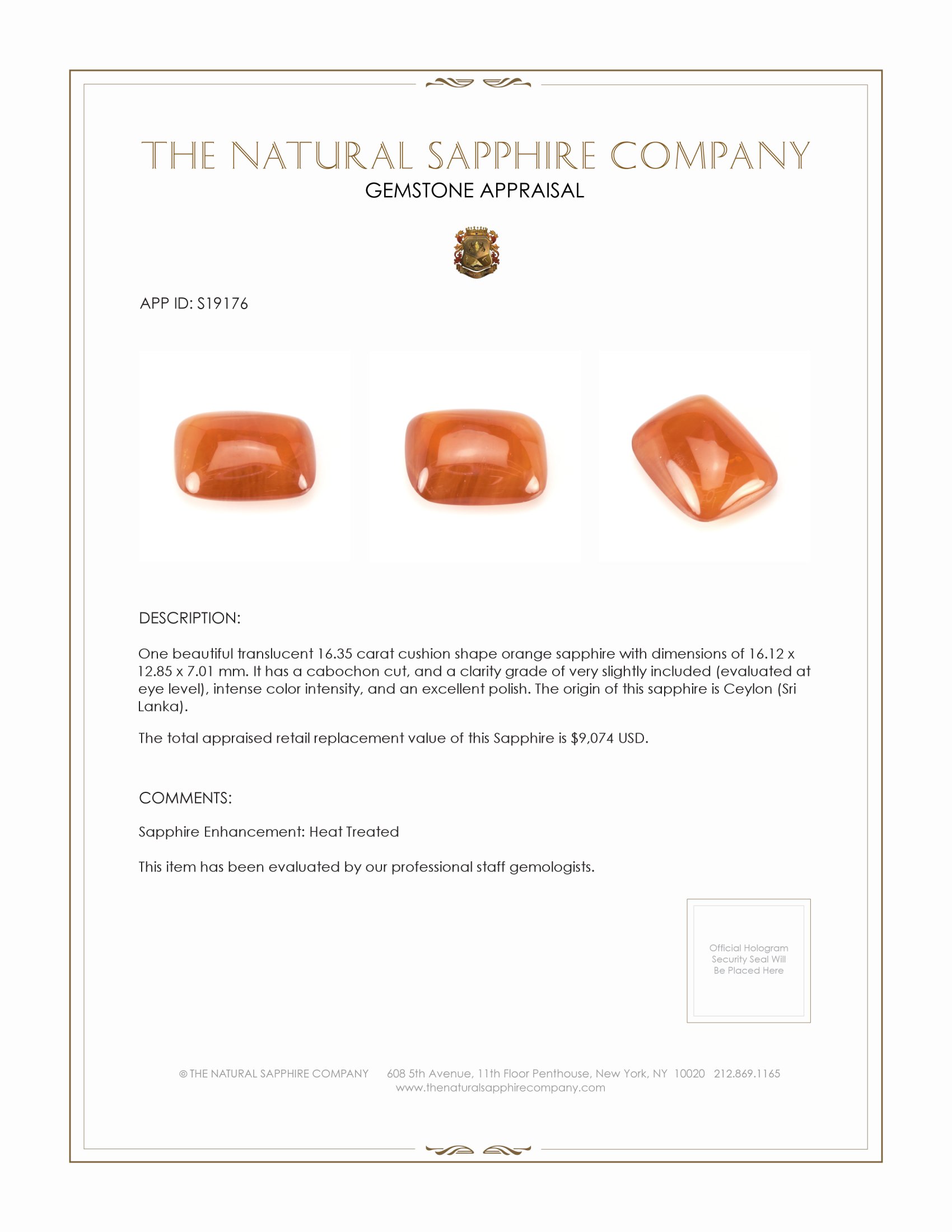 16.35 Ct. Orange Cabochon Sapphire from Ceylon (Sri Lanka)