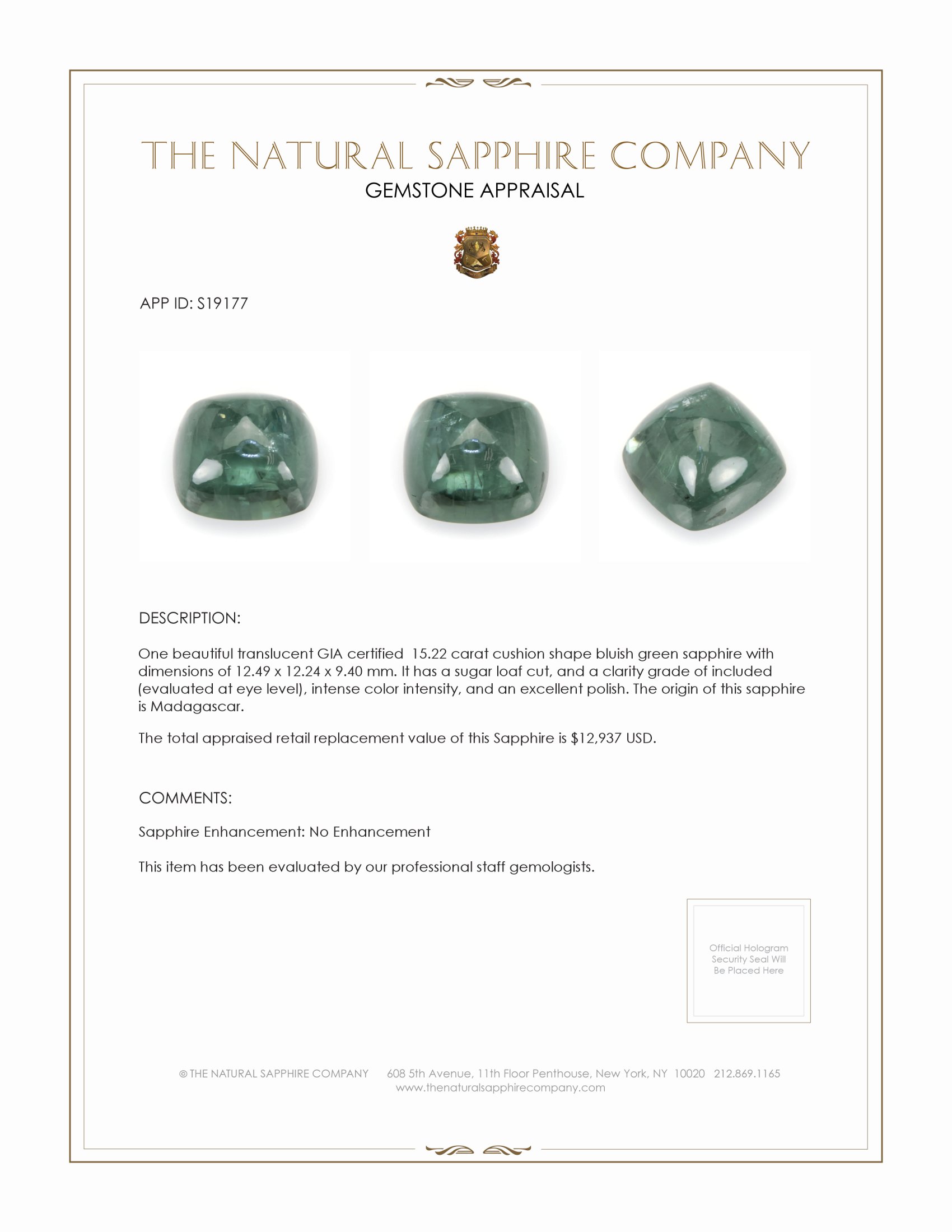 15.22 Ct. Bluish Green Cabochon Sapphire from Madagascar