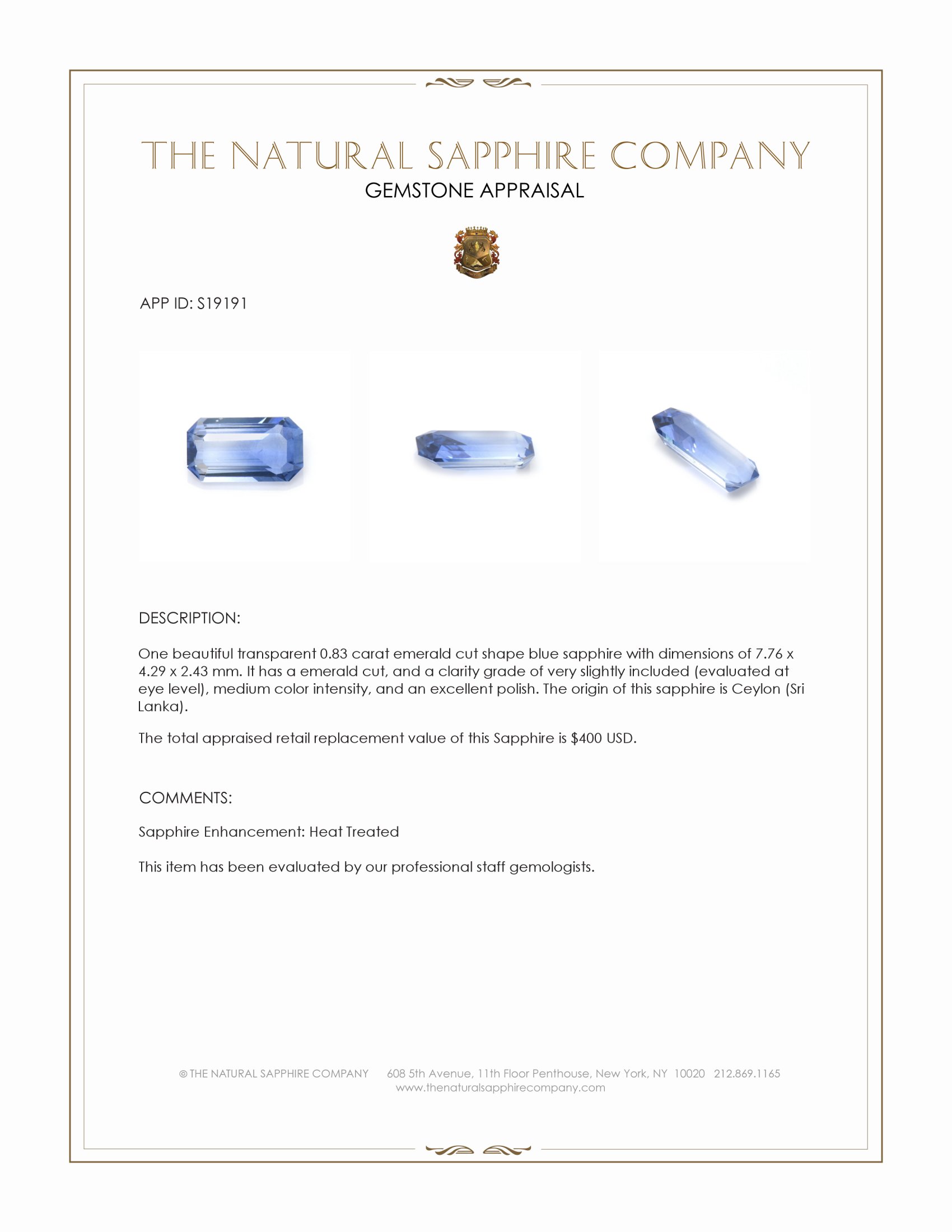 0.83 Ct. Blue Sapphire from Ceylon (Sri Lanka)