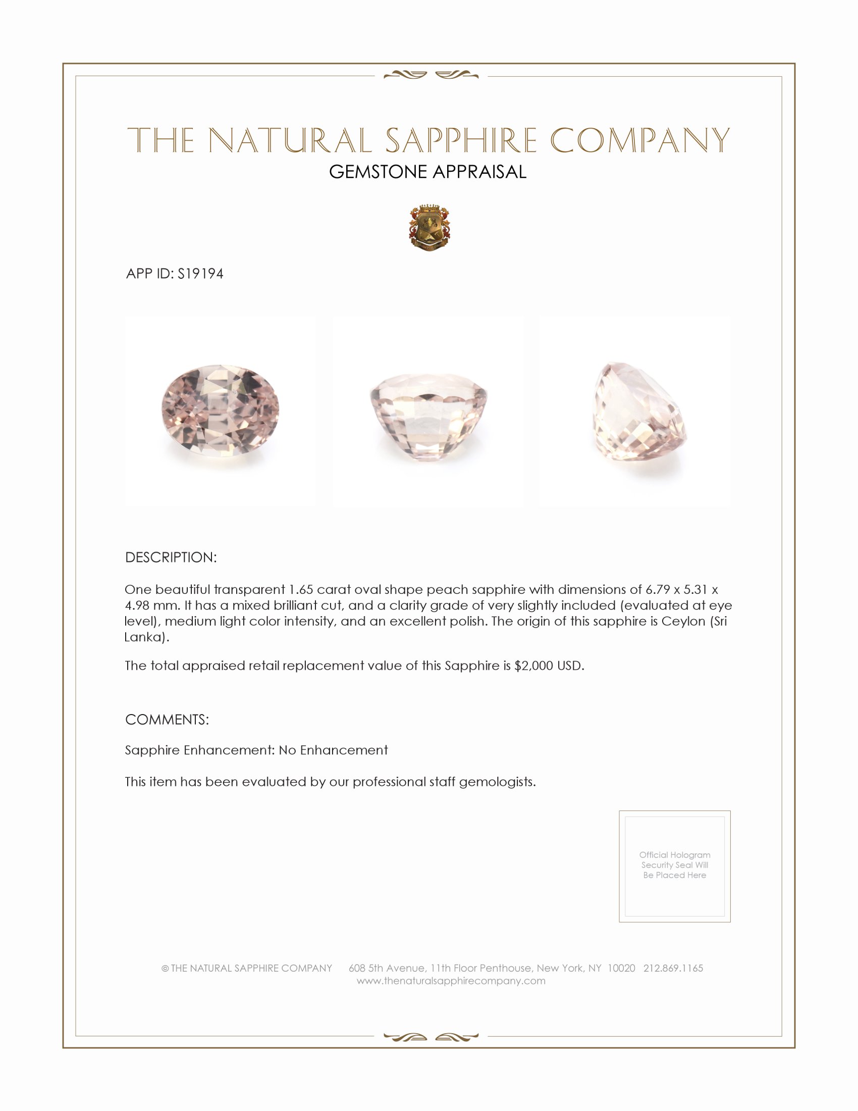1.65 Ct. Peach Sapphire from Ceylon (Sri Lanka)