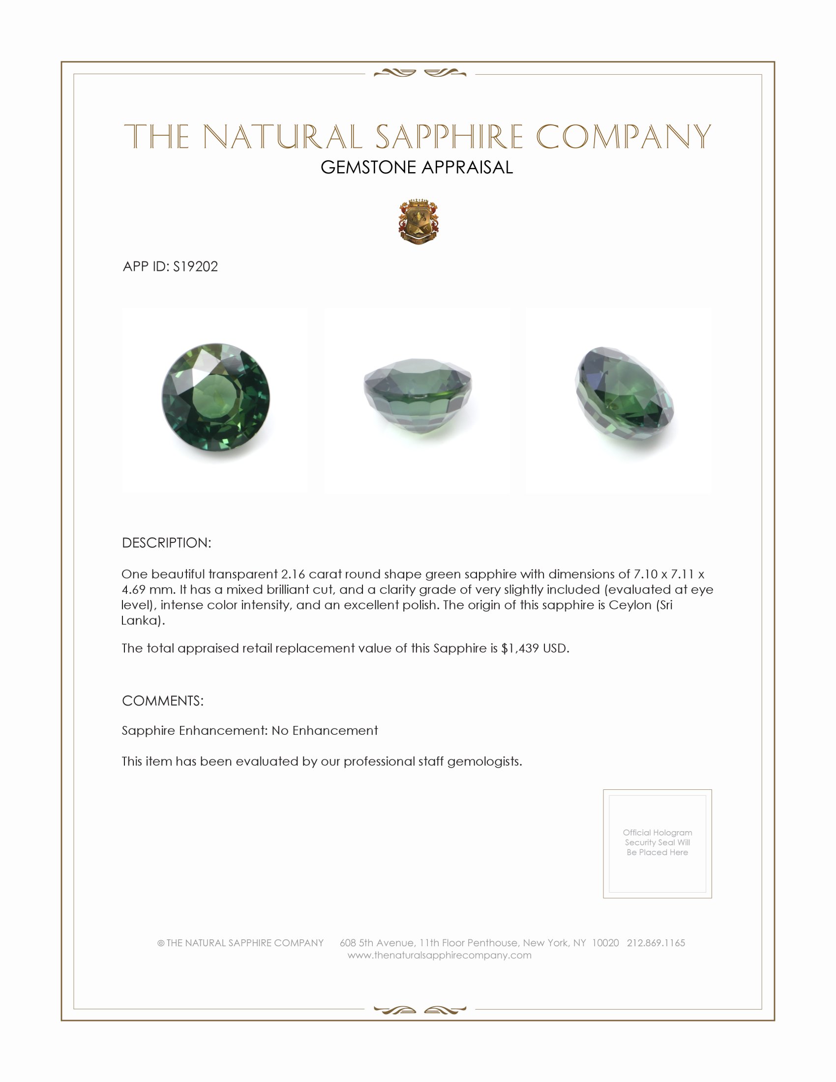 2.16 Ct. Green Sapphire from Ceylon (Sri Lanka)