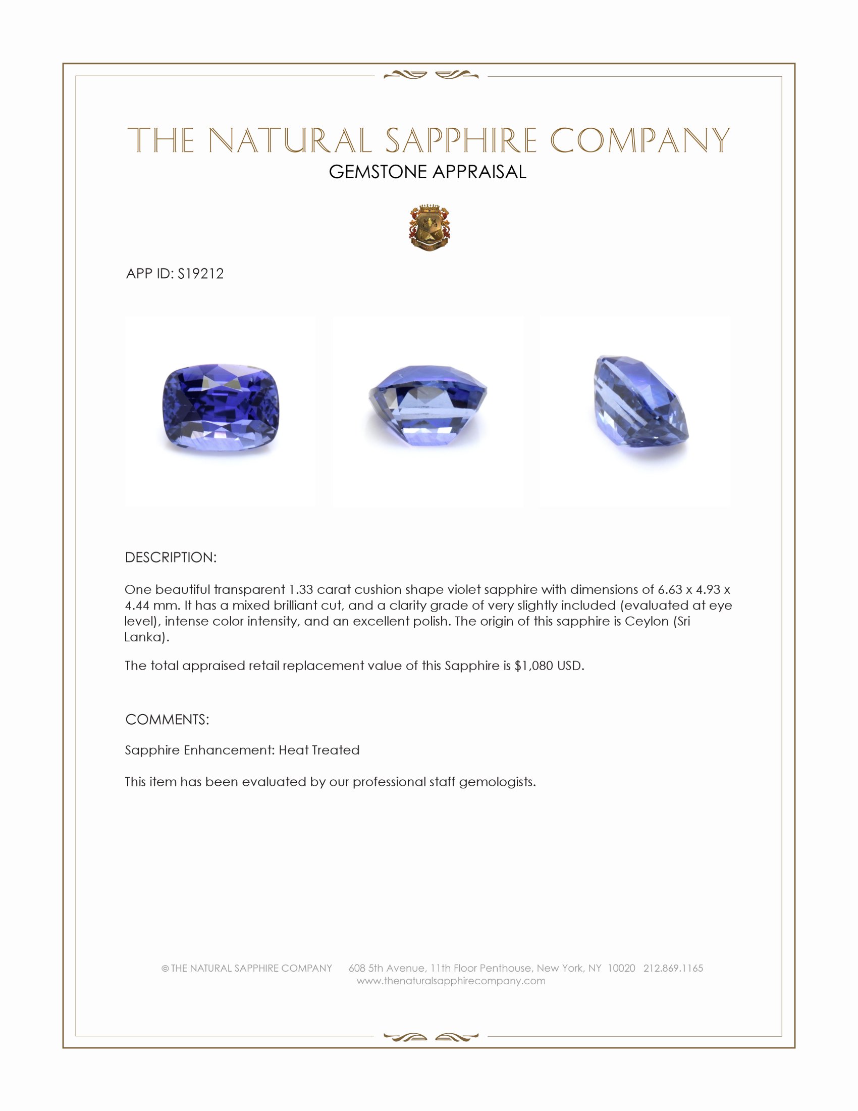 1.33 Ct. Violet Sapphire from Ceylon (Sri Lanka)