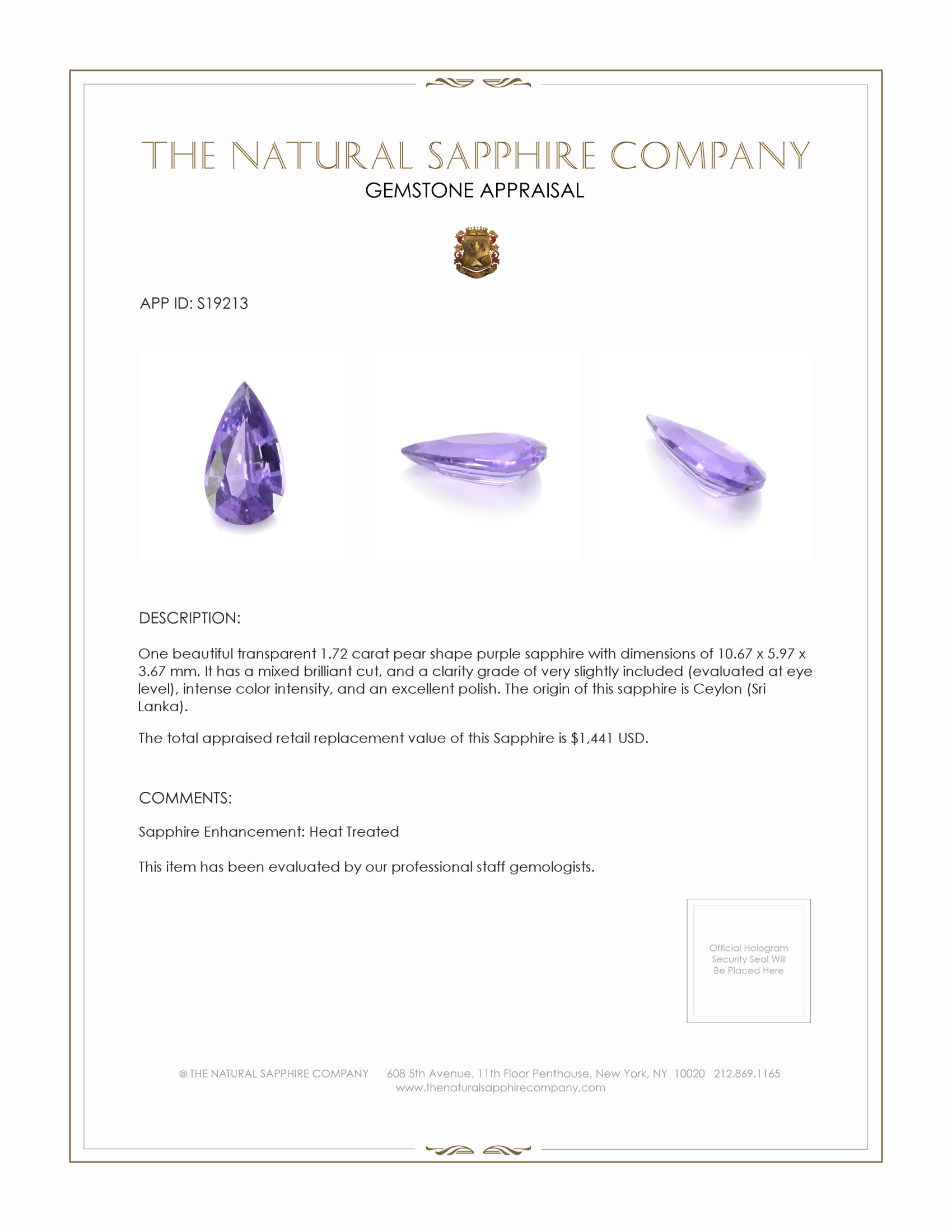 1.72 Ct. Purple Sapphire from Ceylon (Sri Lanka)