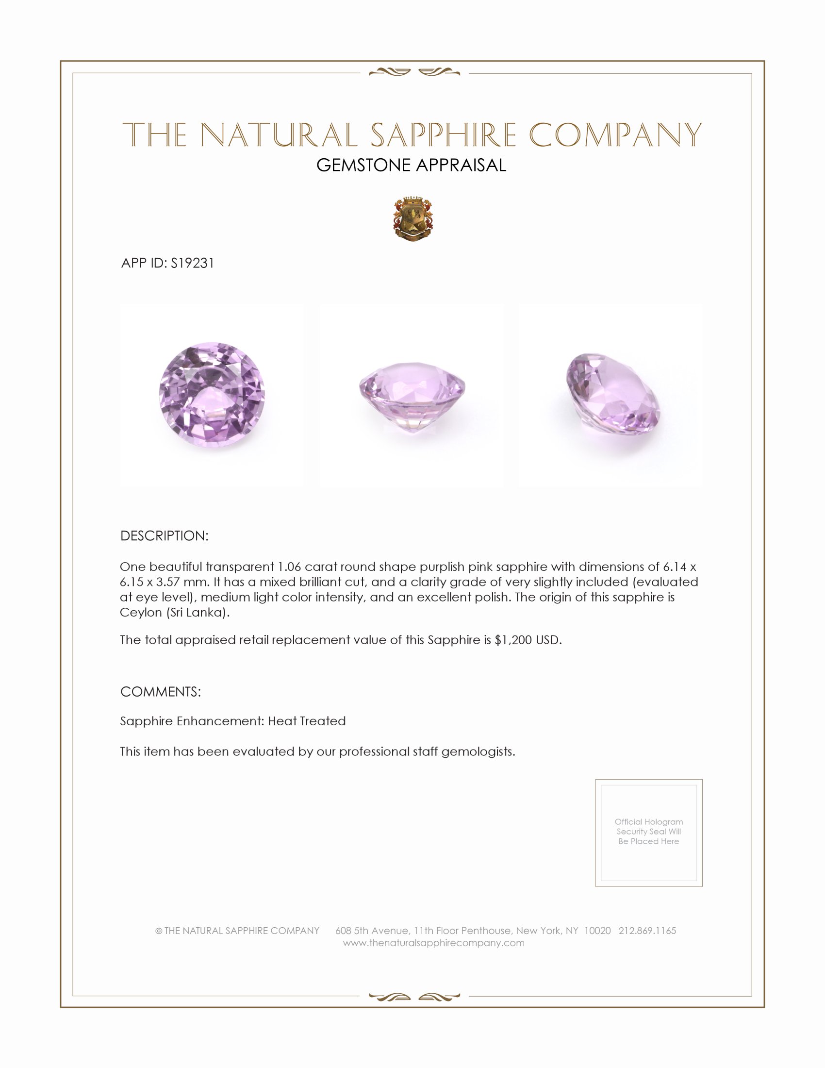 1.06 Ct. Purplish Pink Sapphire from Ceylon (Sri Lanka)