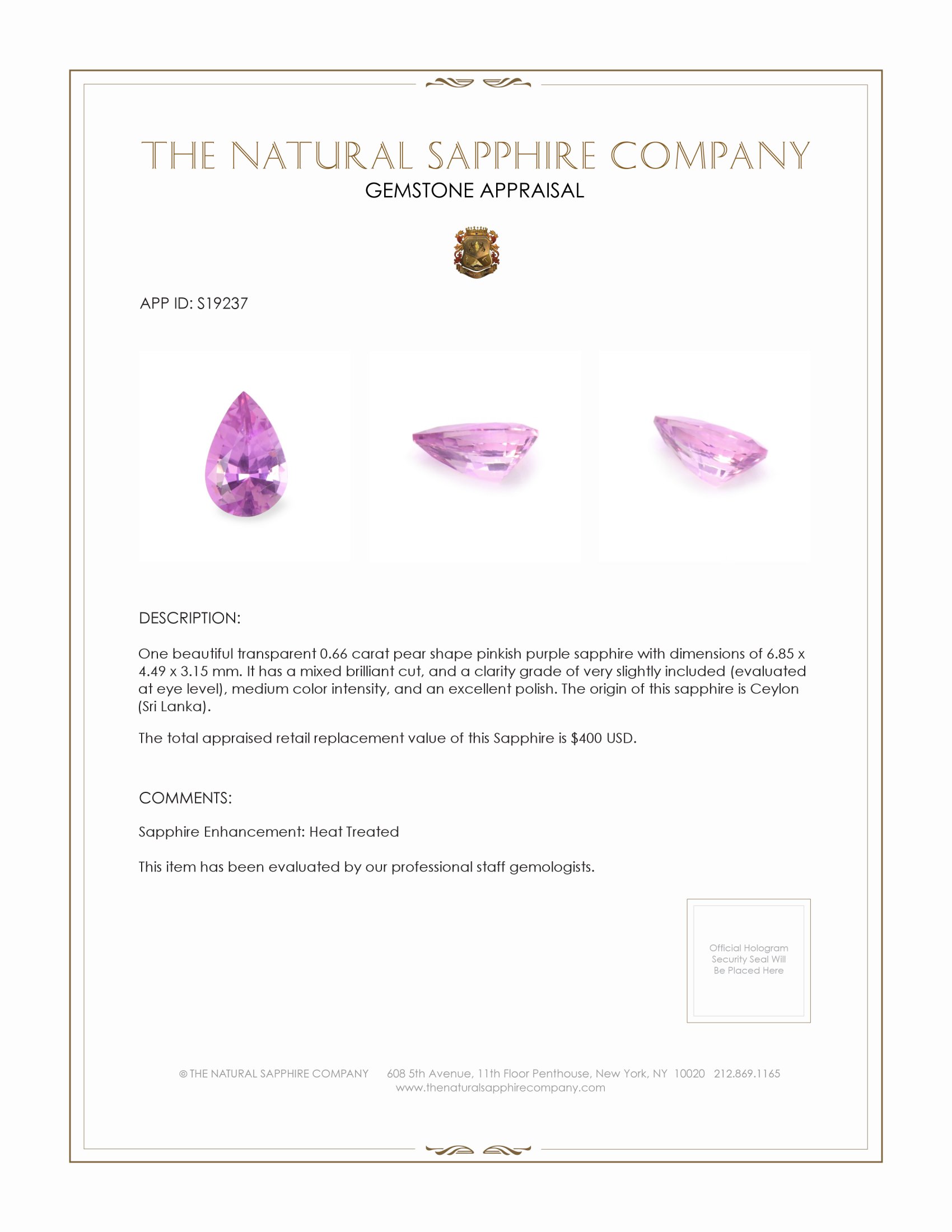 0.66 Ct. Pinkish Purple Sapphire from Ceylon (Sri Lanka)