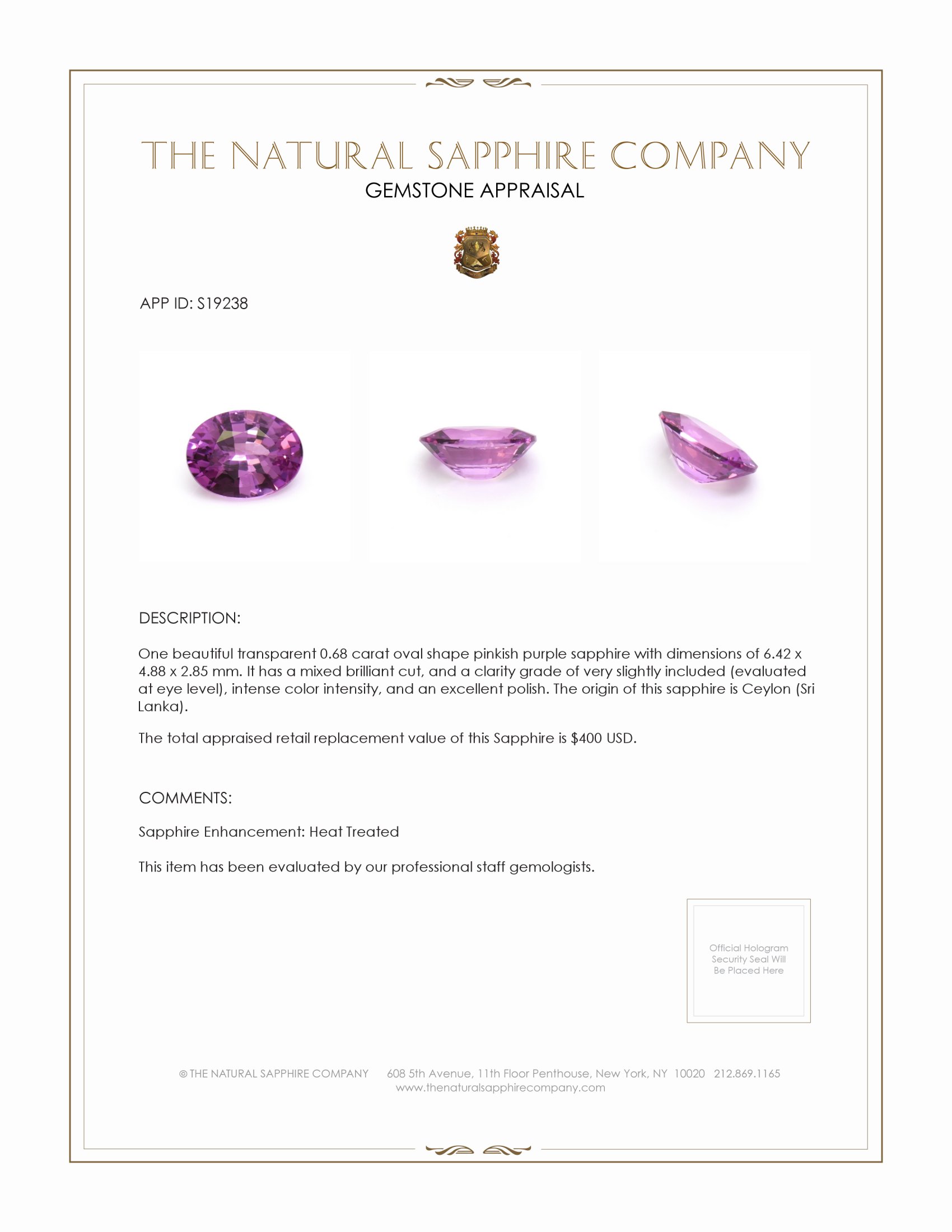 0.68 Ct. Pinkish Purple Sapphire from Ceylon (Sri Lanka)