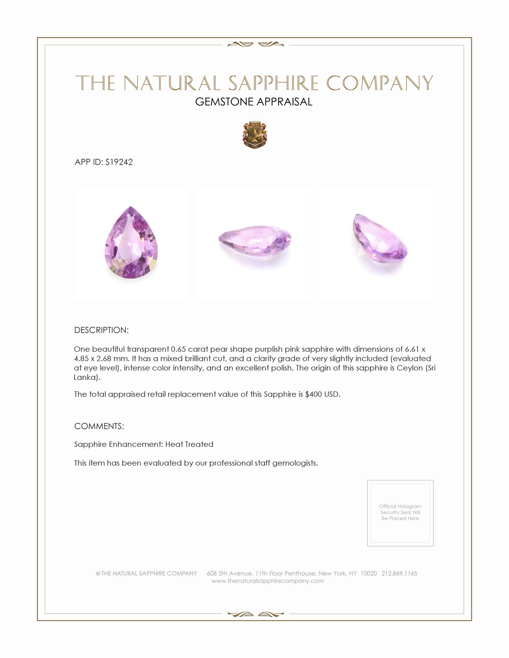 0.65 Ct. Purplish Pink Sapphire from Ceylon (Sri Lanka)