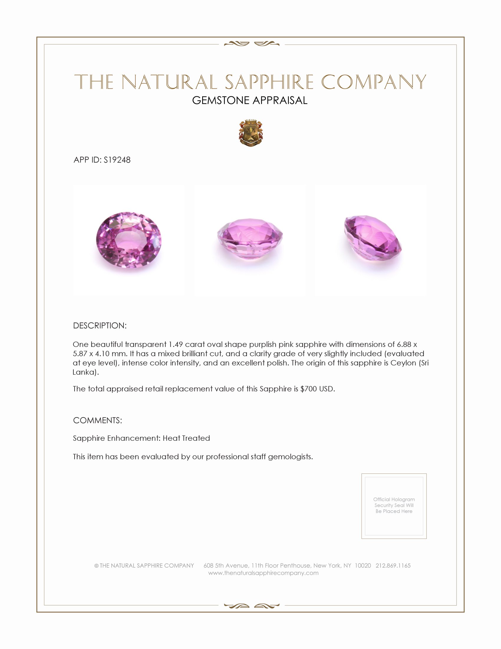 1.49 Ct. Purplish Pink Sapphire from Ceylon (Sri Lanka)