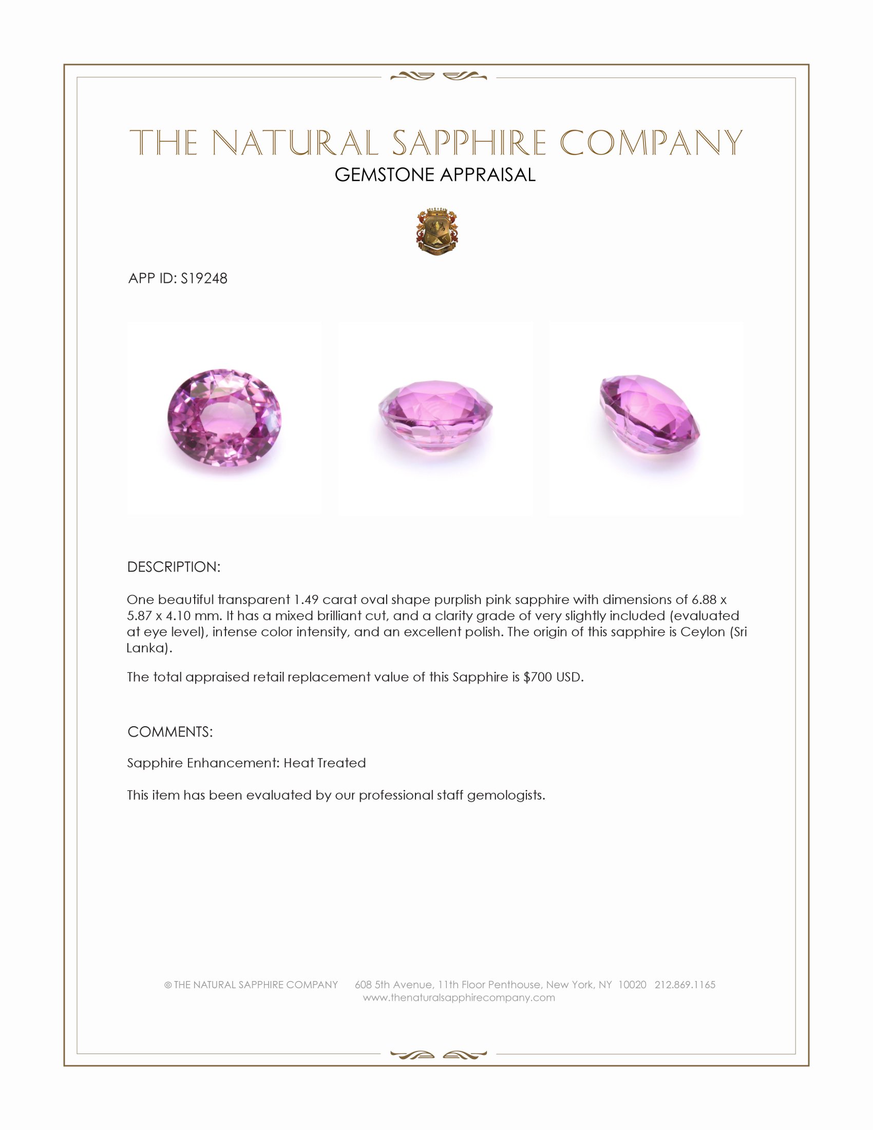 1.49 Ct. Purplish Pink Sapphire from Ceylon (Sri Lanka)