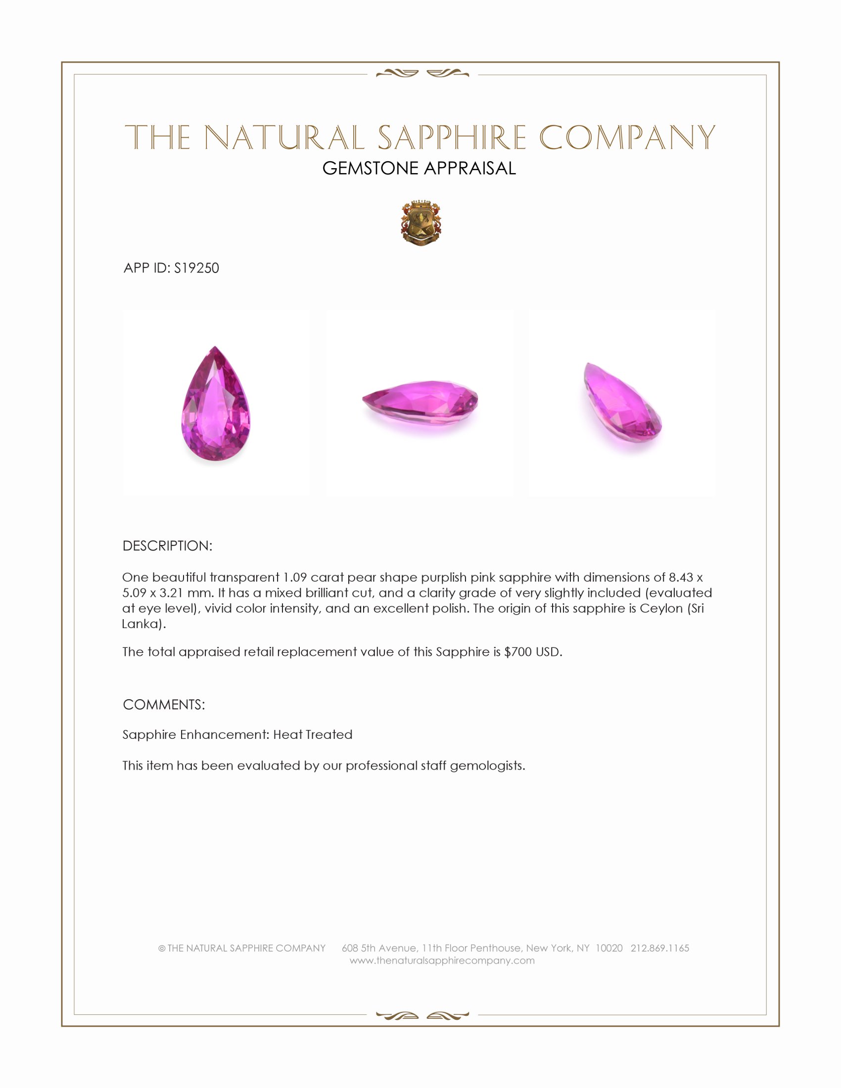 1.09 Ct. Purplish Pink Sapphire from Ceylon (Sri Lanka)