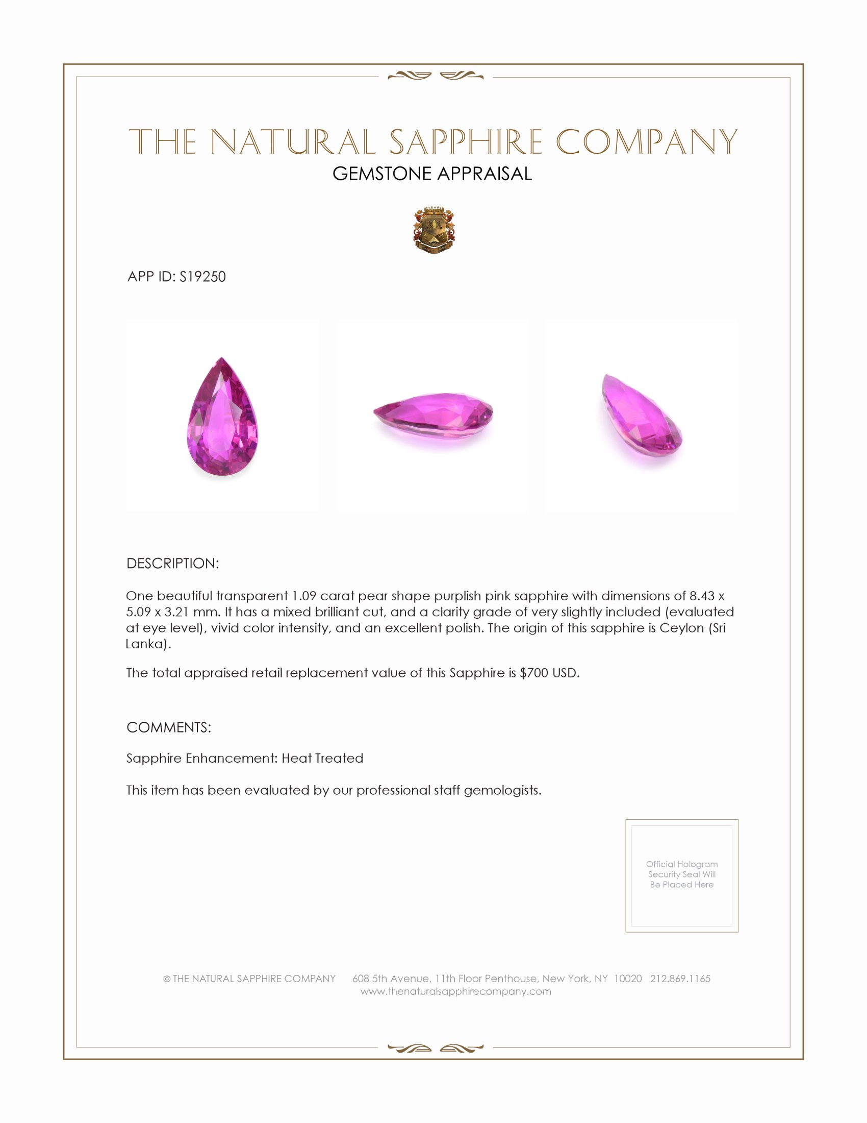 1.09 Ct. Purplish Pink Sapphire from Ceylon (Sri Lanka)