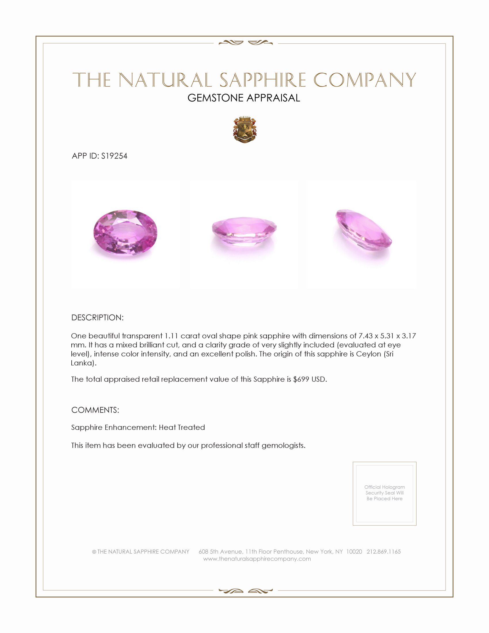 1.11 Ct. Pink Sapphire from Ceylon (Sri Lanka)
