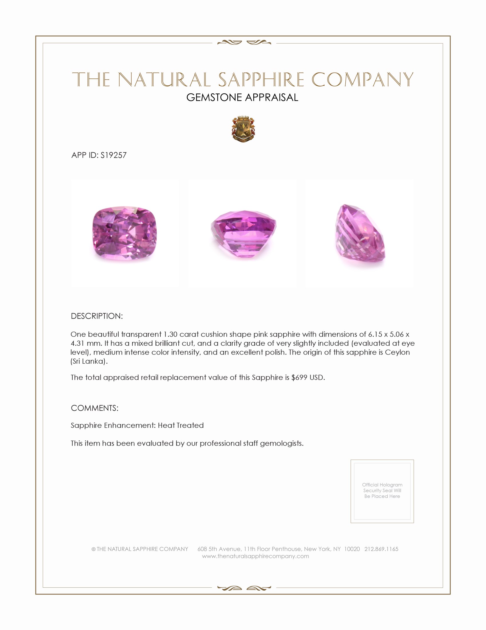 1.30 Ct. Pink Sapphire from Ceylon (Sri Lanka)