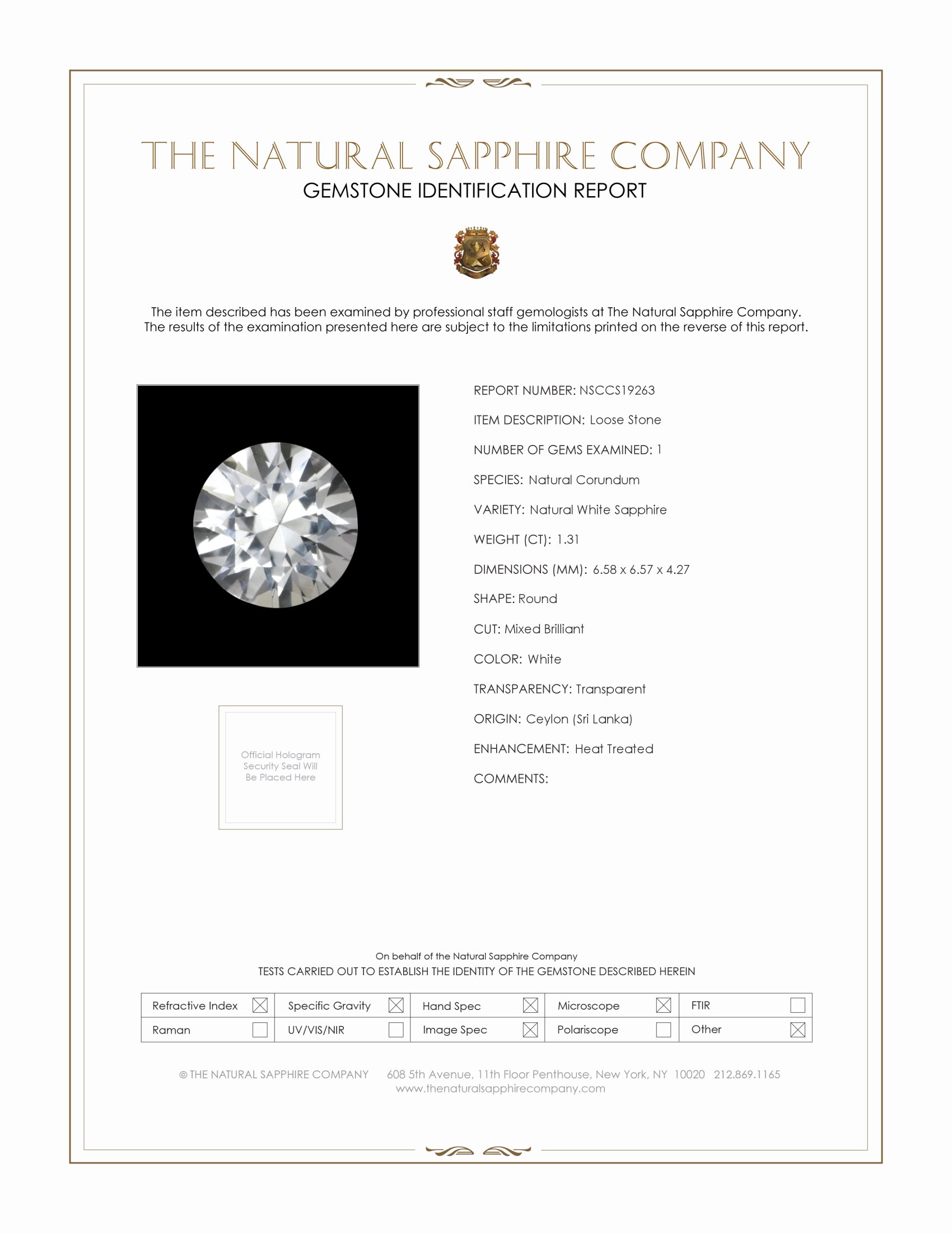 1.31 Ct. White Sapphire from Ceylon (Sri Lanka)