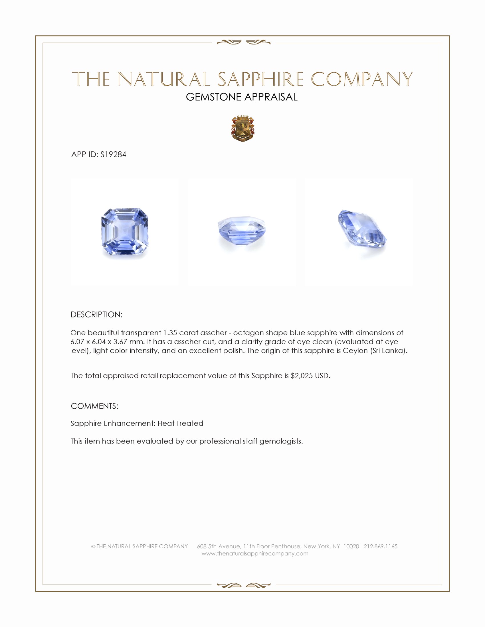 1.35 Ct. Blue Sapphire from Ceylon (Sri Lanka)