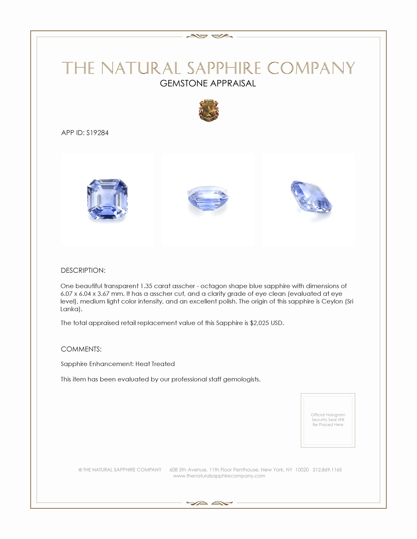 1.35 Ct. Blue Sapphire from Ceylon (Sri Lanka)