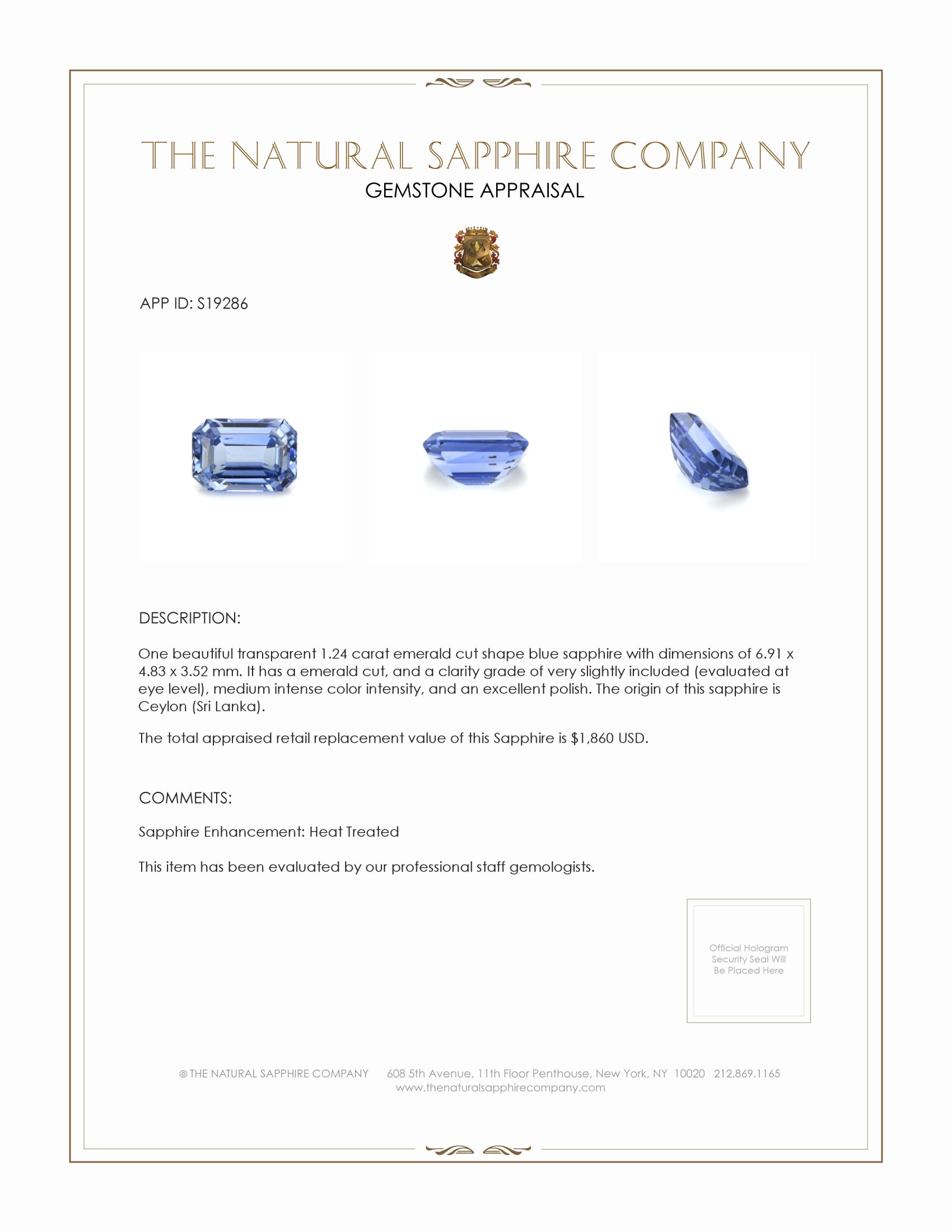 1.24 Ct. Blue Sapphire from Ceylon (Sri Lanka)