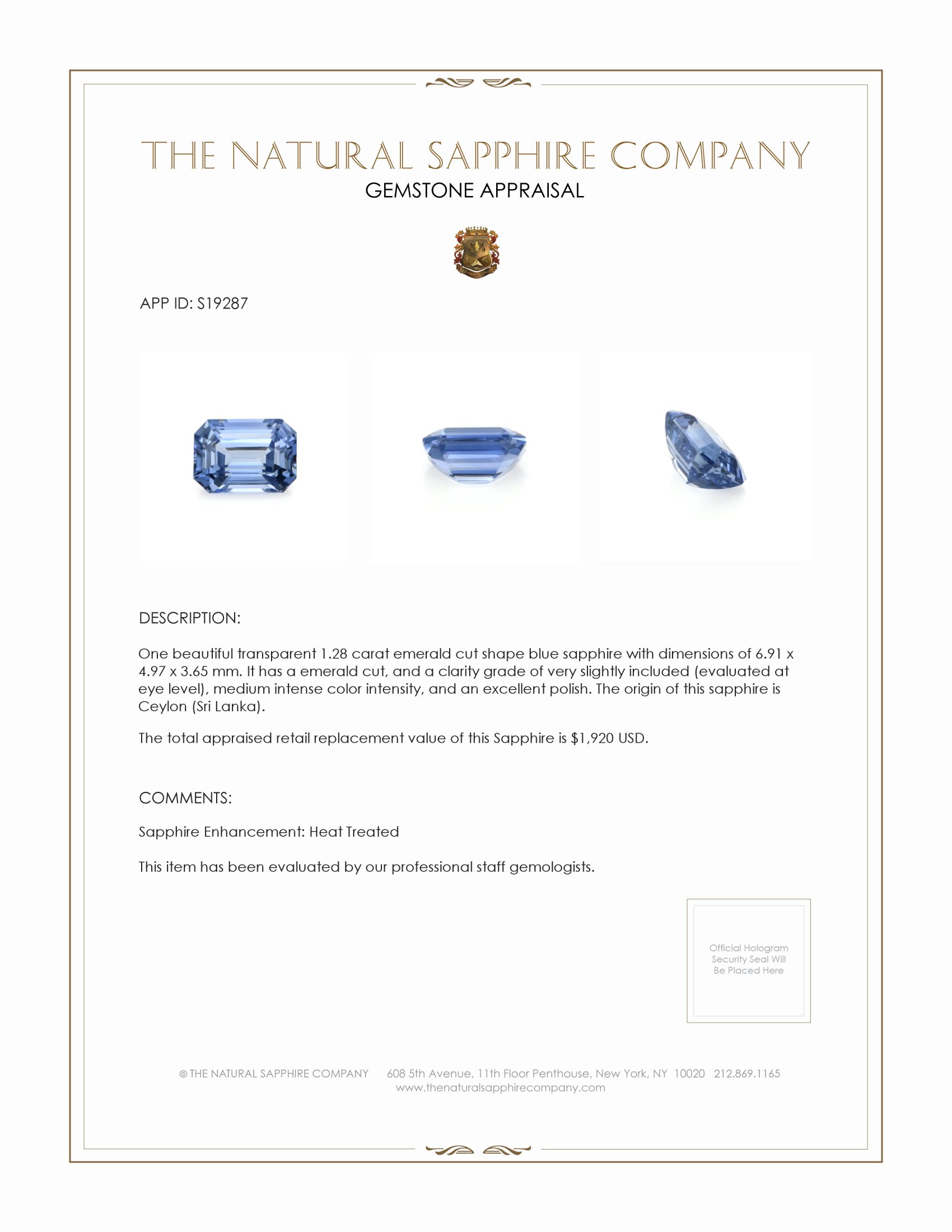 1.28 Ct. Blue Sapphire from Ceylon (Sri Lanka)