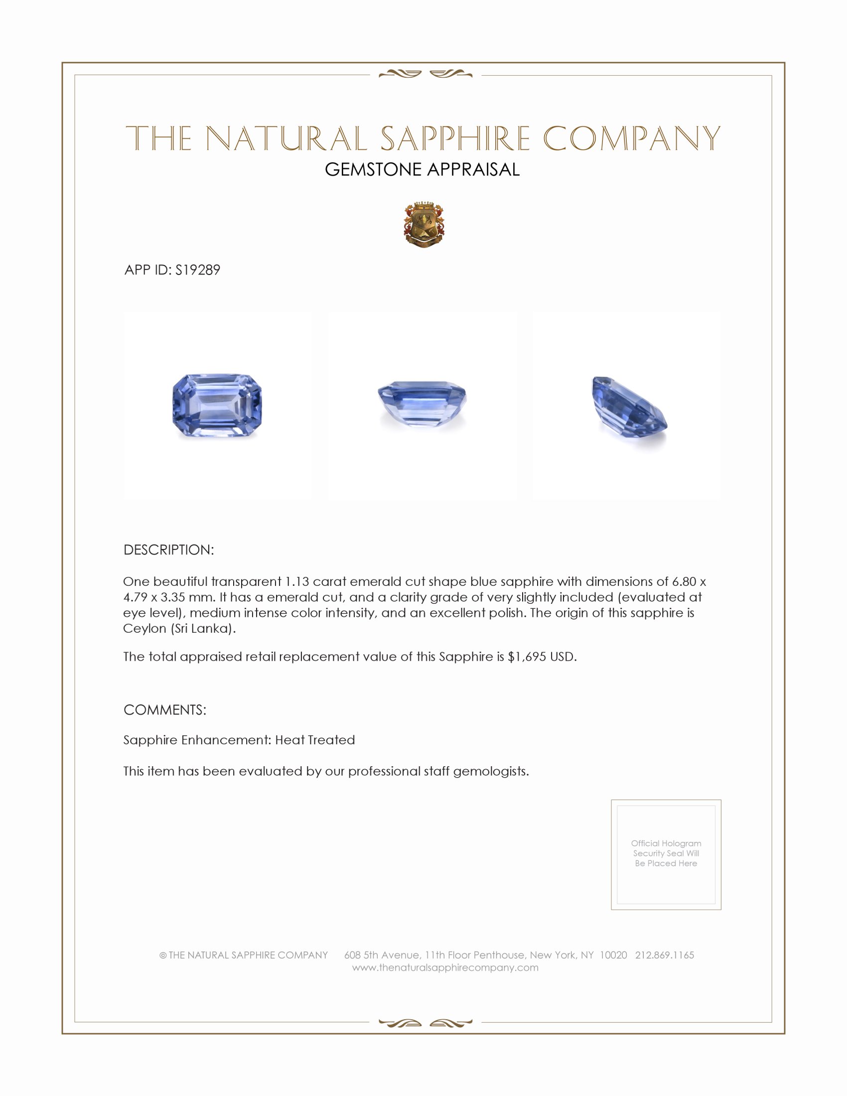 1.13 Ct. Blue Sapphire from Ceylon (Sri Lanka)