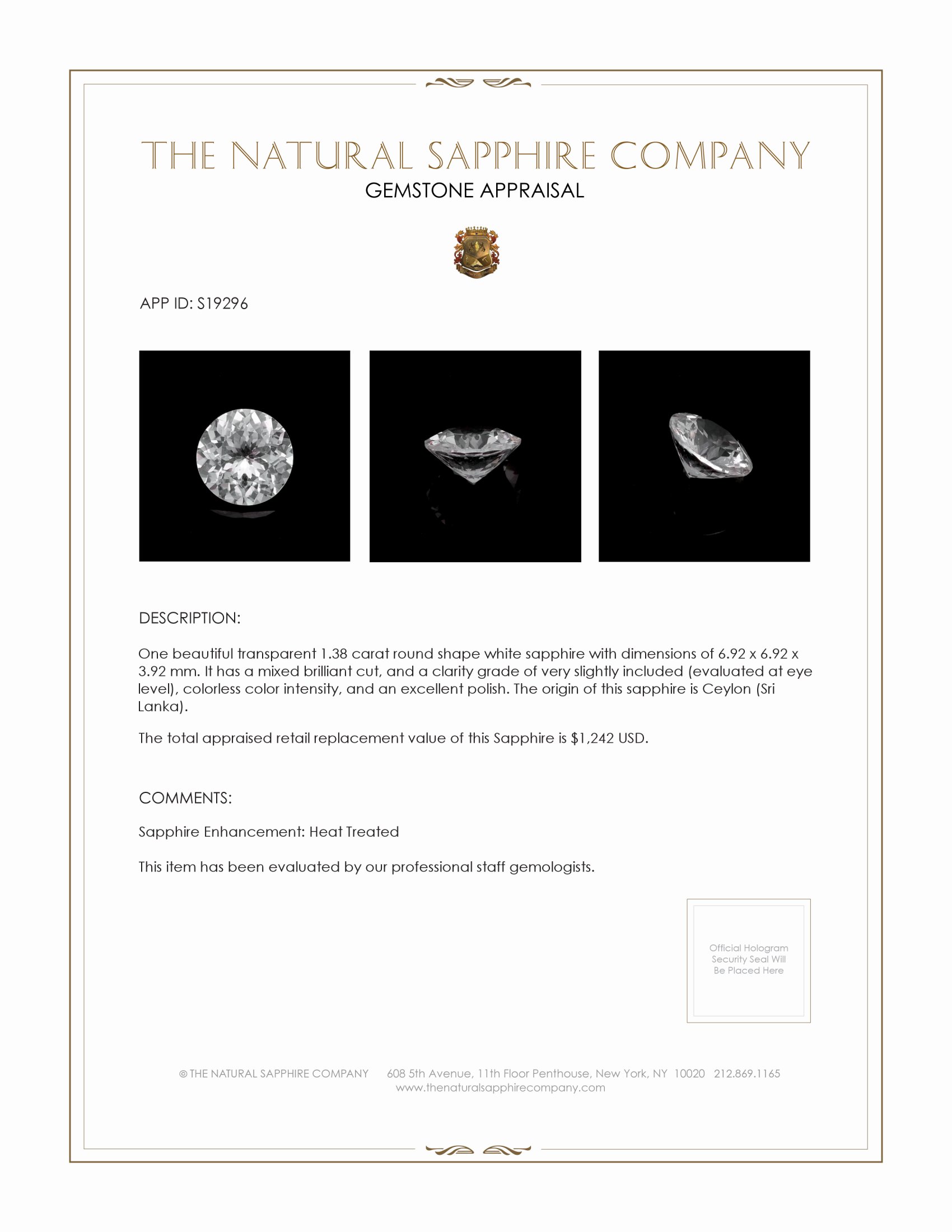 1.38 Ct. White Sapphire from Ceylon (Sri Lanka)