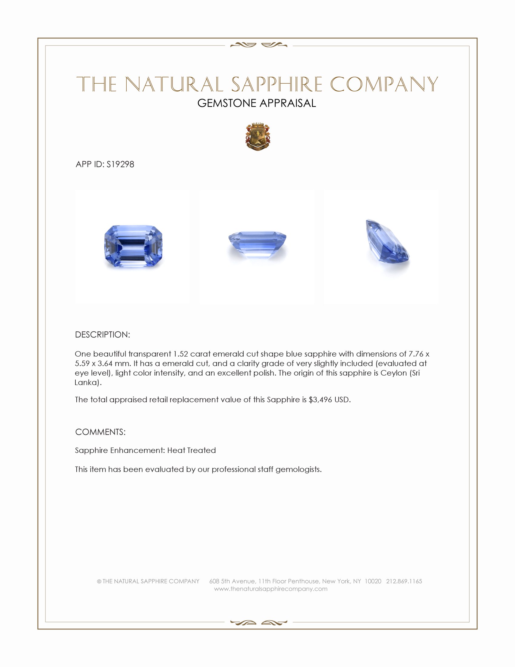 1.52 Ct. Blue Sapphire from Ceylon (Sri Lanka)