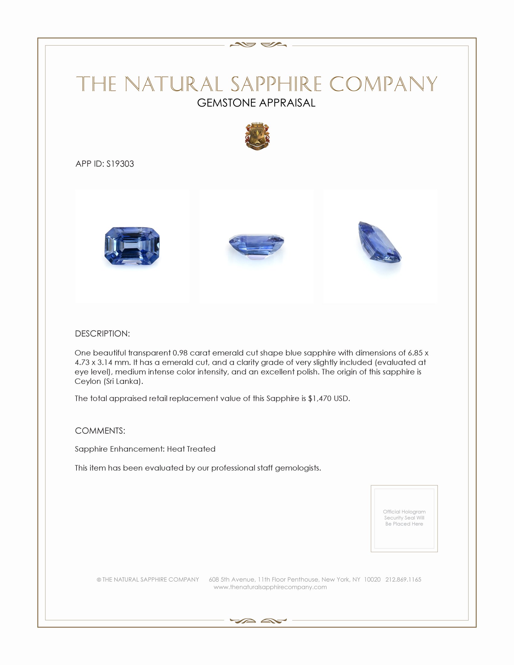 0.98 Ct. Blue Sapphire from Ceylon (Sri Lanka)