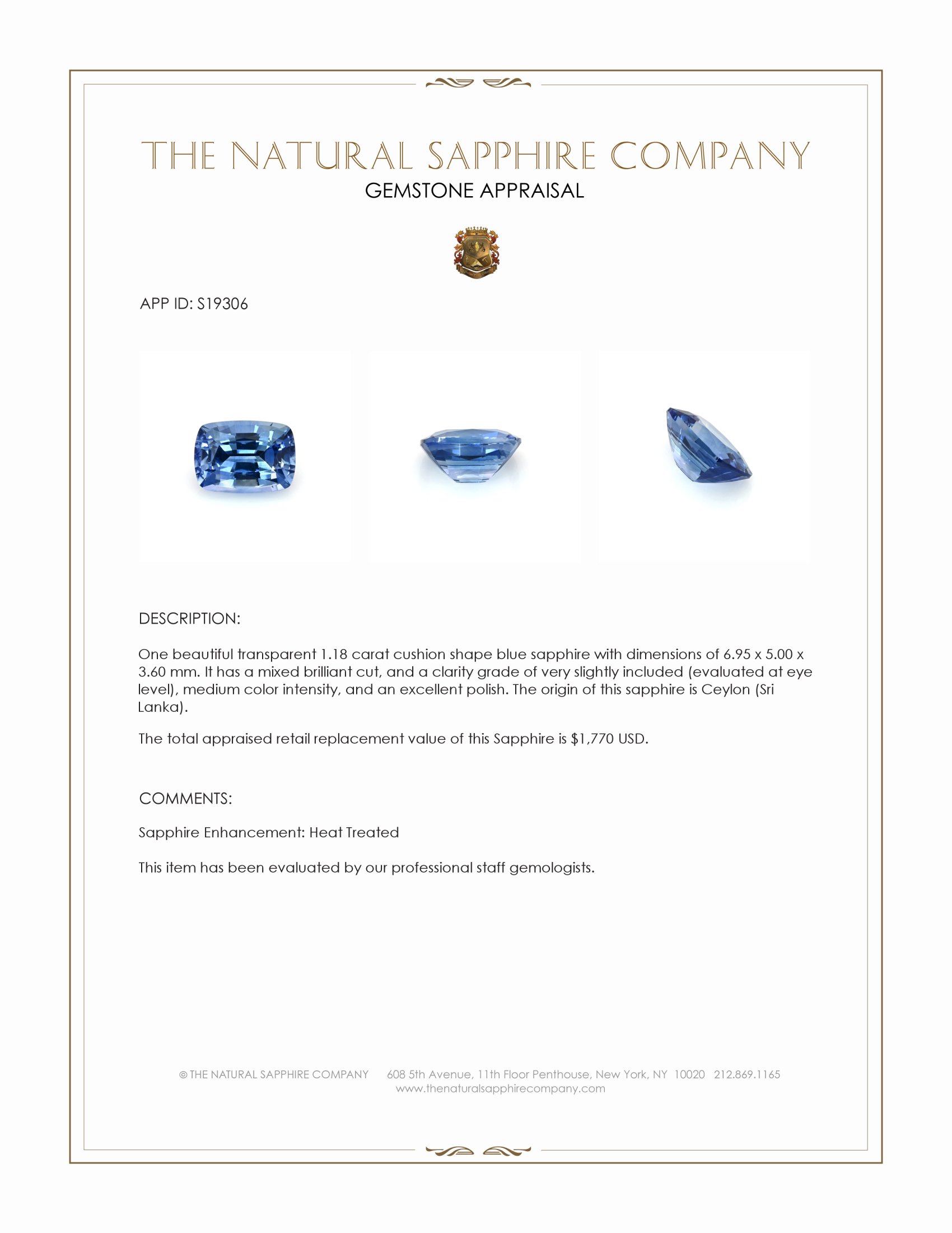 1.18 Ct. Blue Sapphire from Ceylon (Sri Lanka)