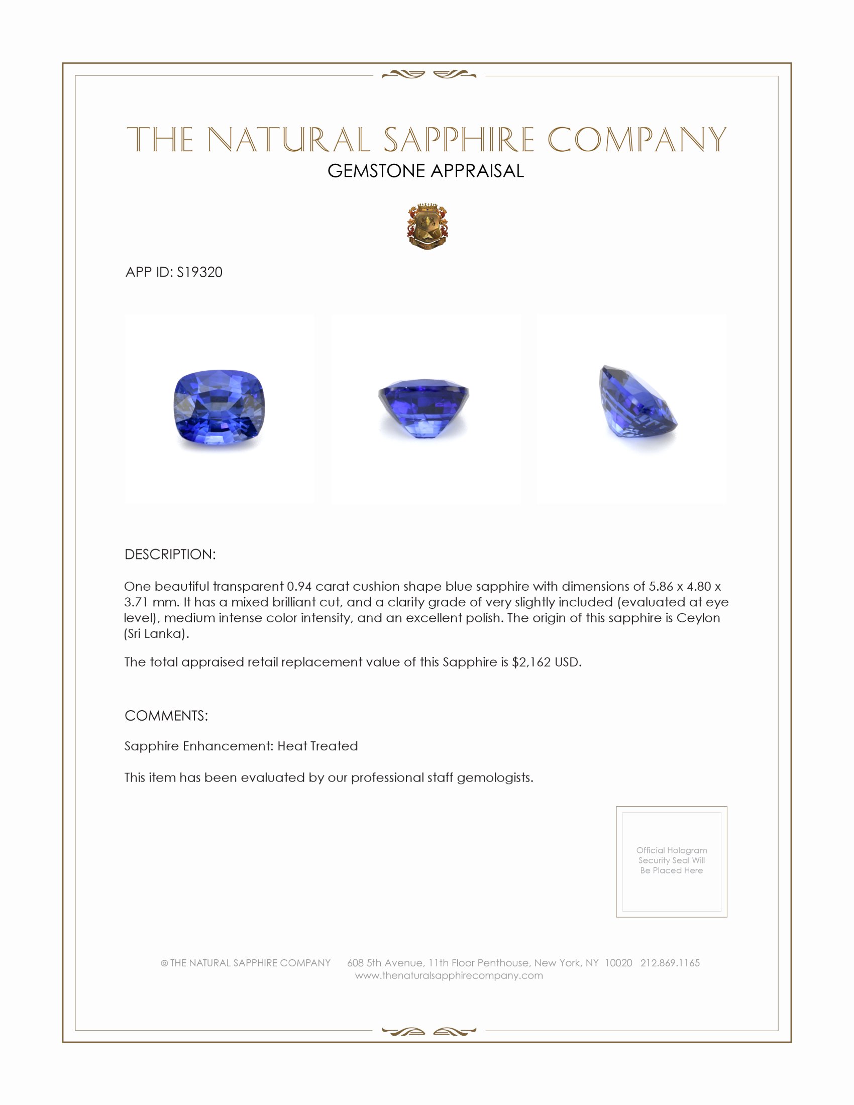 0.94 Ct. Blue Sapphire from Ceylon (Sri Lanka)