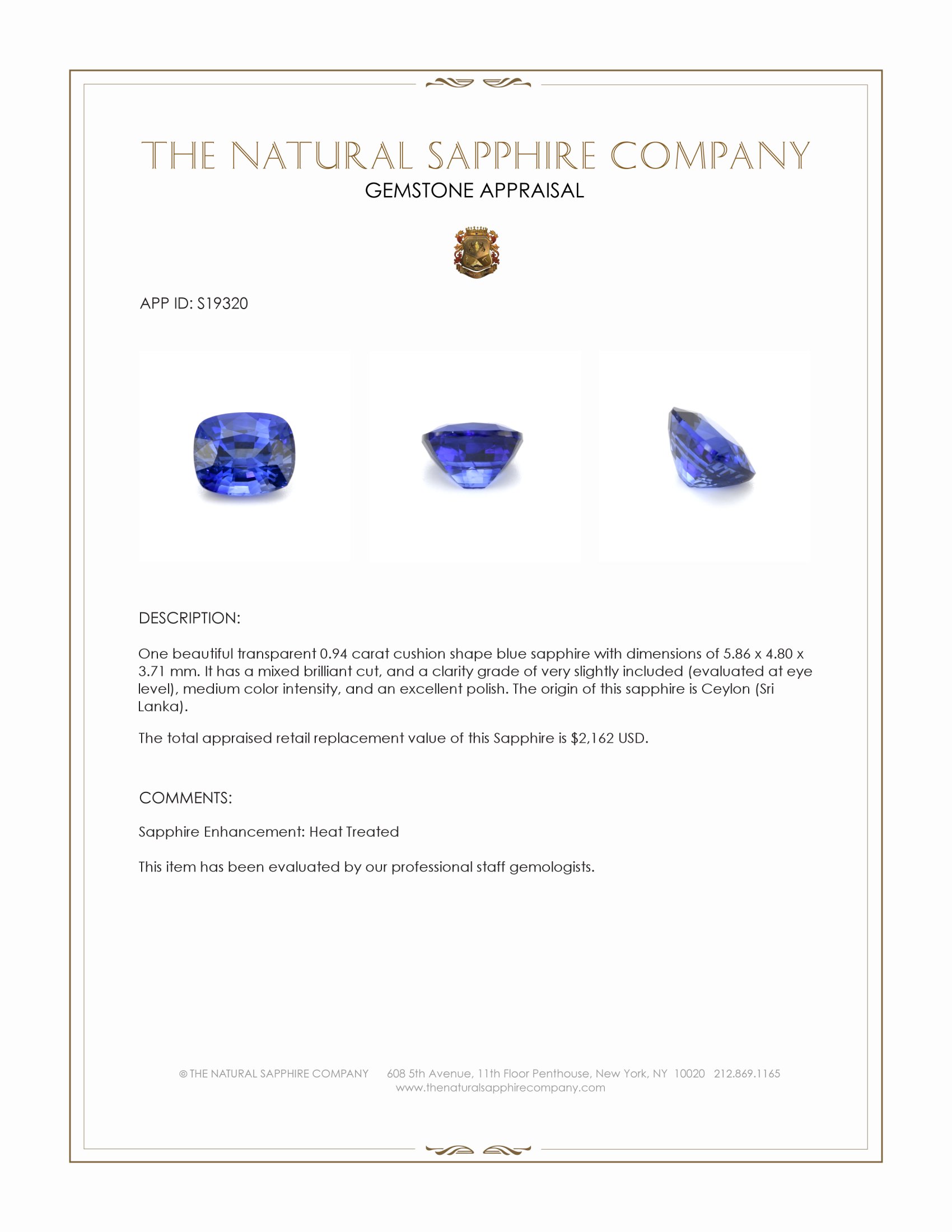 0.94 Ct. Blue Sapphire from Ceylon (Sri Lanka)