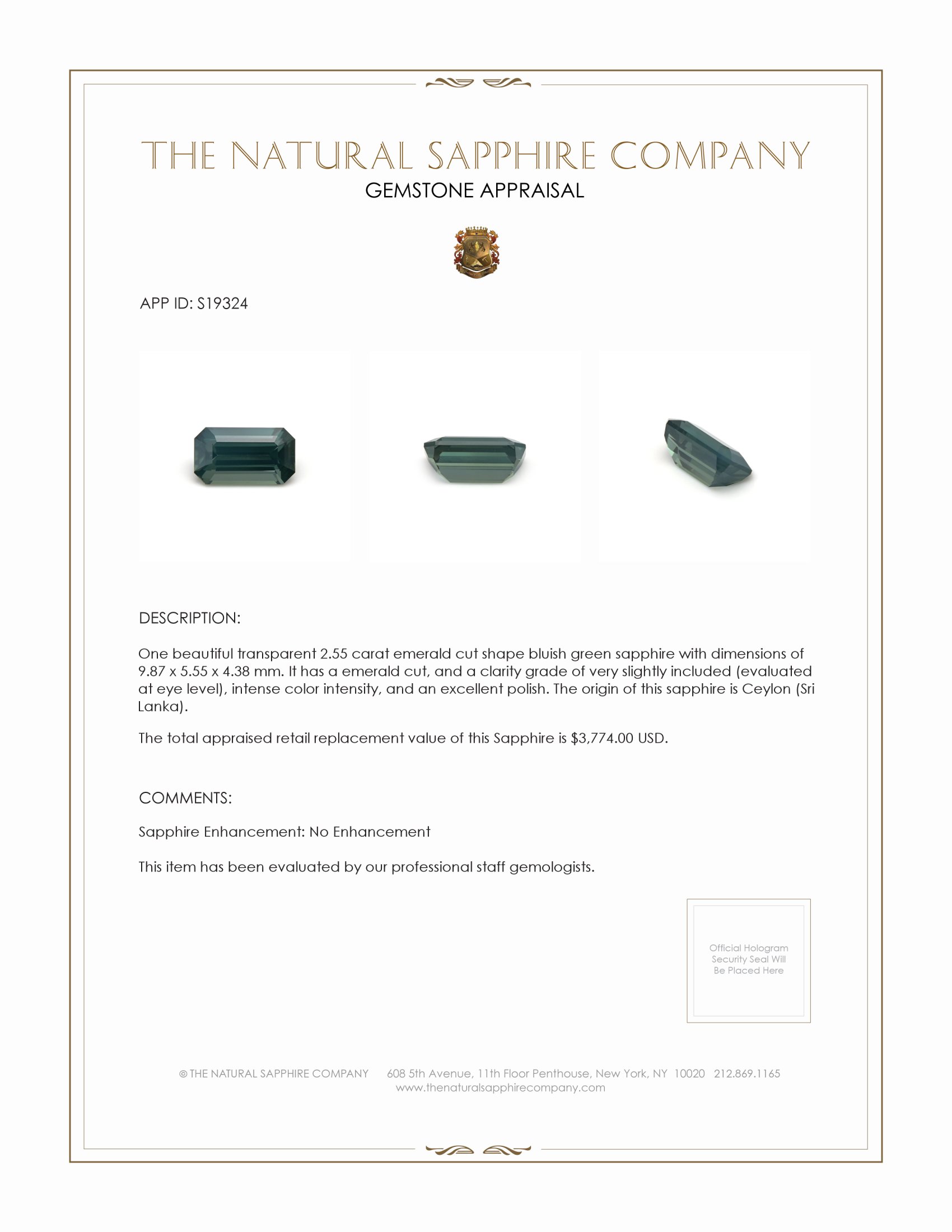 2.55 Ct. Bluish Green Sapphire from Ceylon (Sri Lanka)