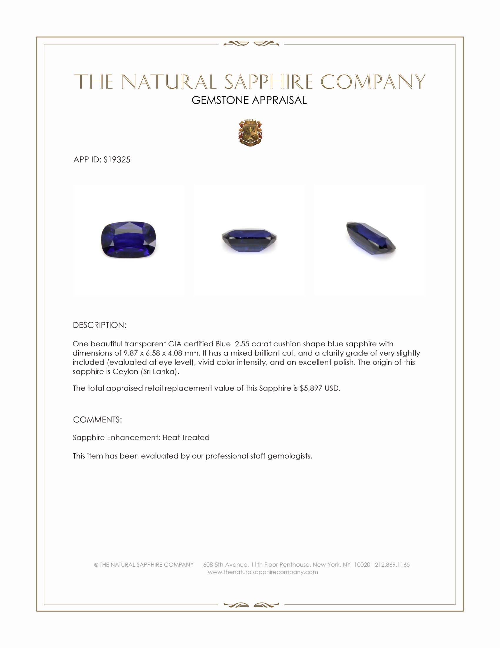2.55 Ct. Blue Sapphire from Ceylon (Sri Lanka)