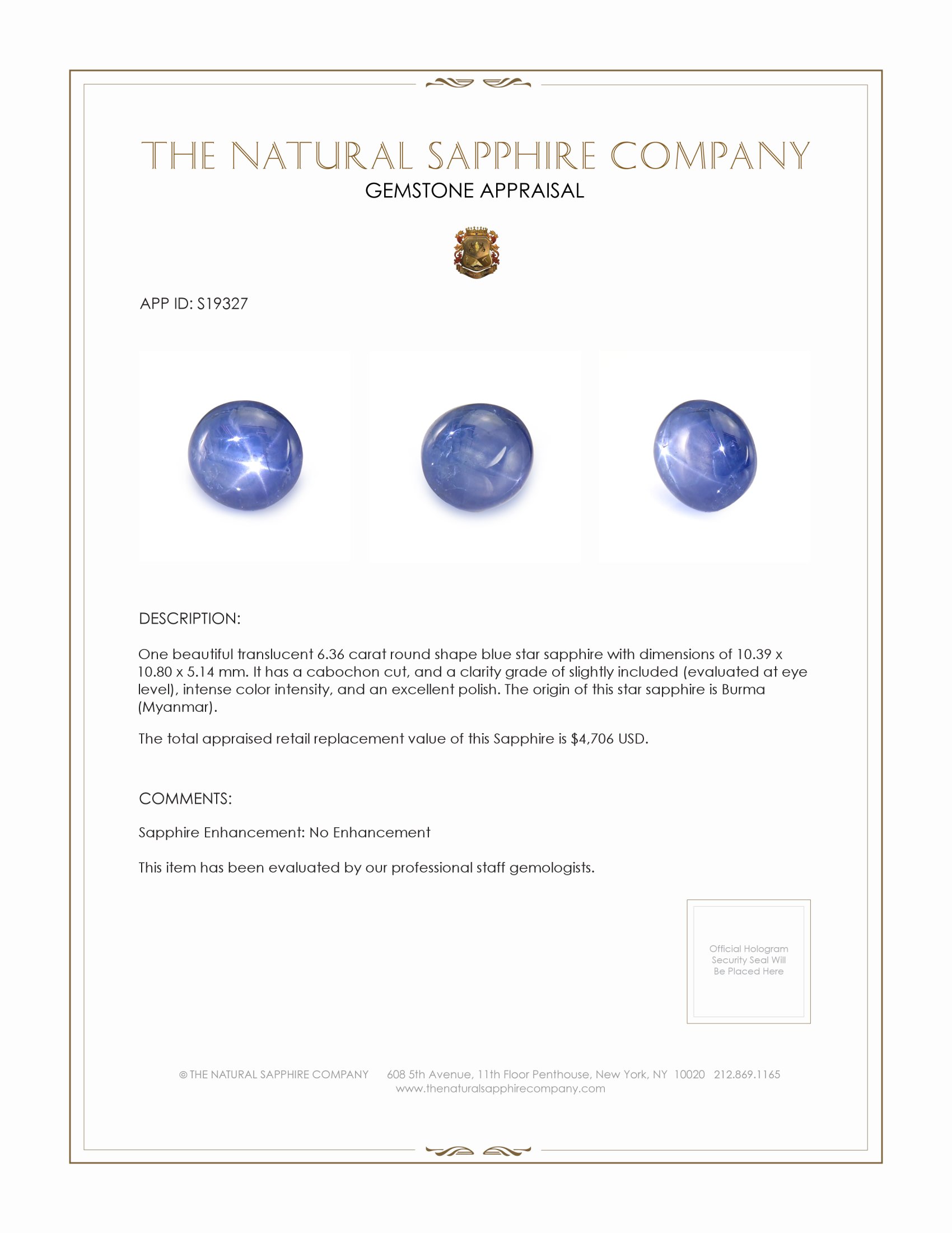 6.36 Ct. Blue Star Sapphire from Burma (Myanmar)