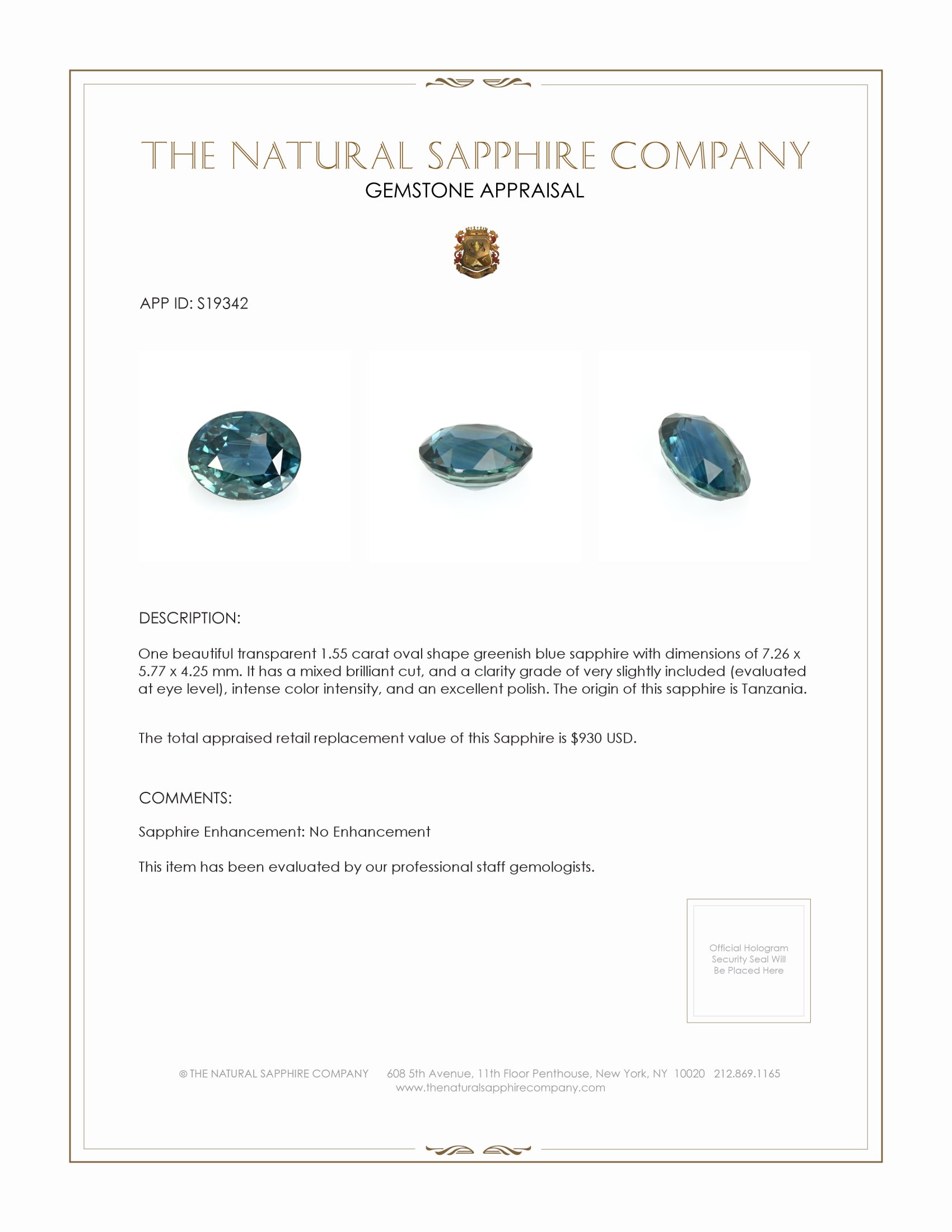 1.55 Ct. Greenish Blue Sapphire from Tanzania