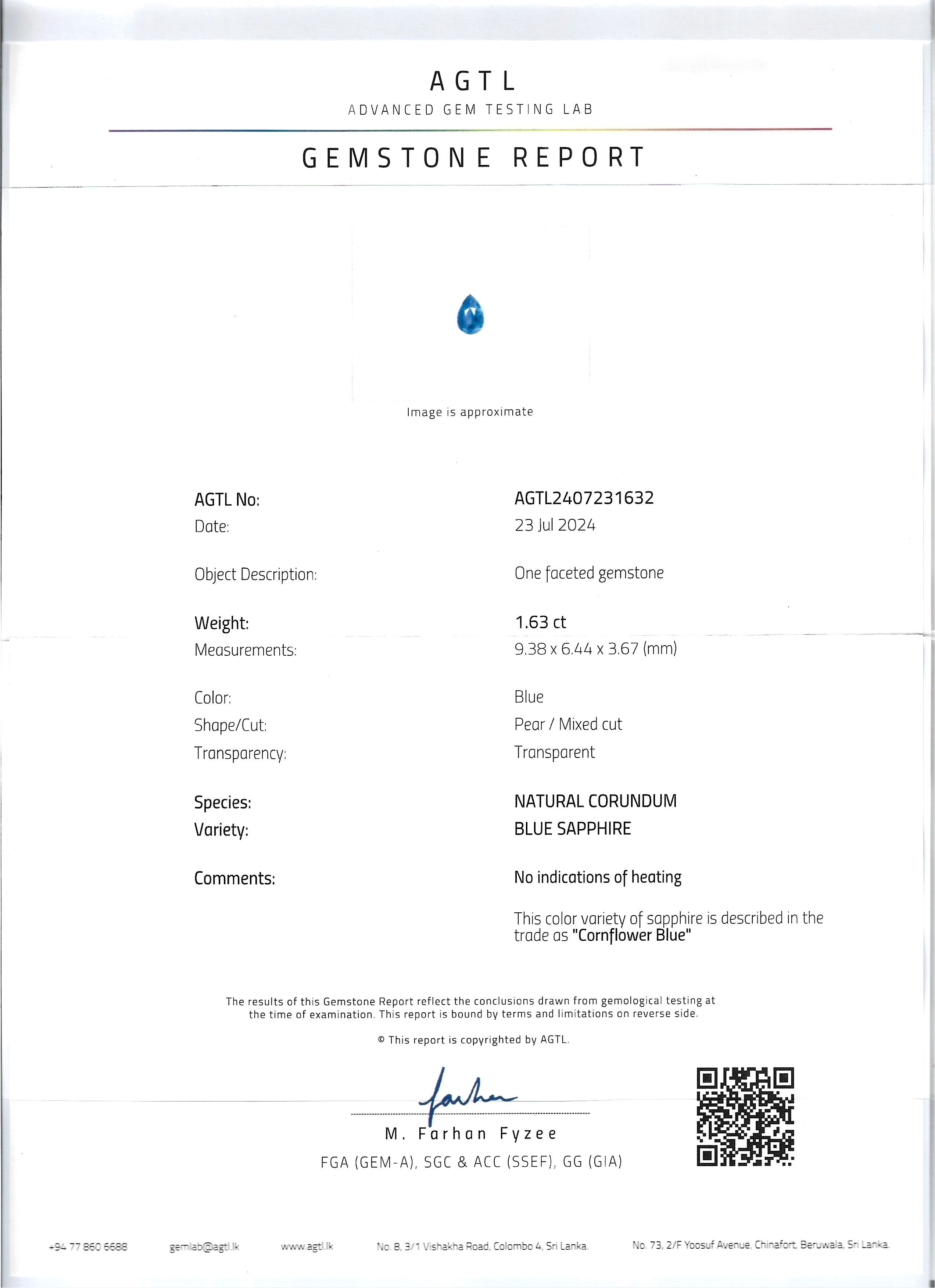 1.63 Ct. Blue Sapphire from Ceylon (Sri Lanka)